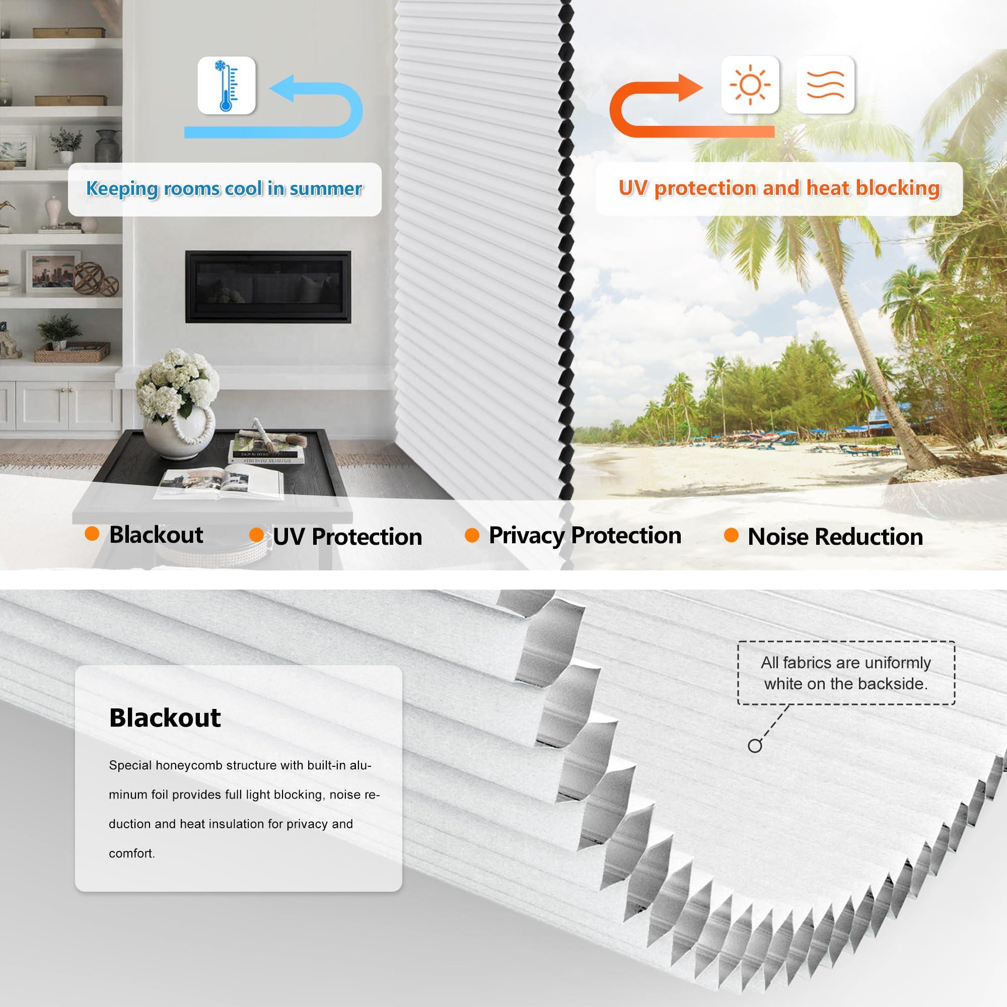 LazBlinds LazBlinds No Tools No Drill Cordless Cellular Shades, Top Down Bottom Up (TDBU) Honeycomb Shades for Home, Blackout Light Blocking Thermal Insulation Blinds for Windows, 26.5" W x 52" H, White