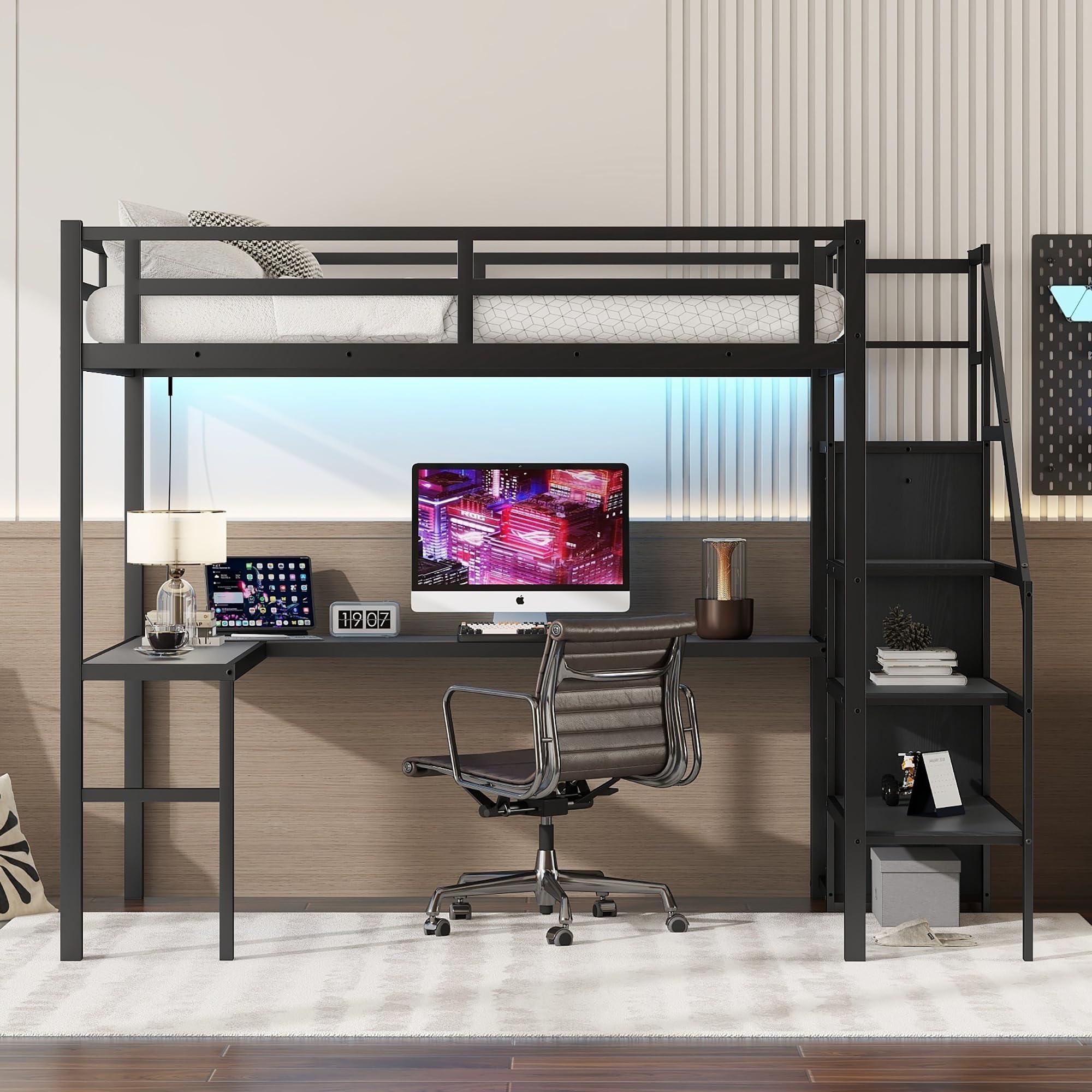 Linique Linique Full Size Gaming Loft Bed with L-Shaped Desk, LED and Charging Station, Metal Loft Bed with Wardrobe and Adjustable Shelf for Kids Teens Adults, Black