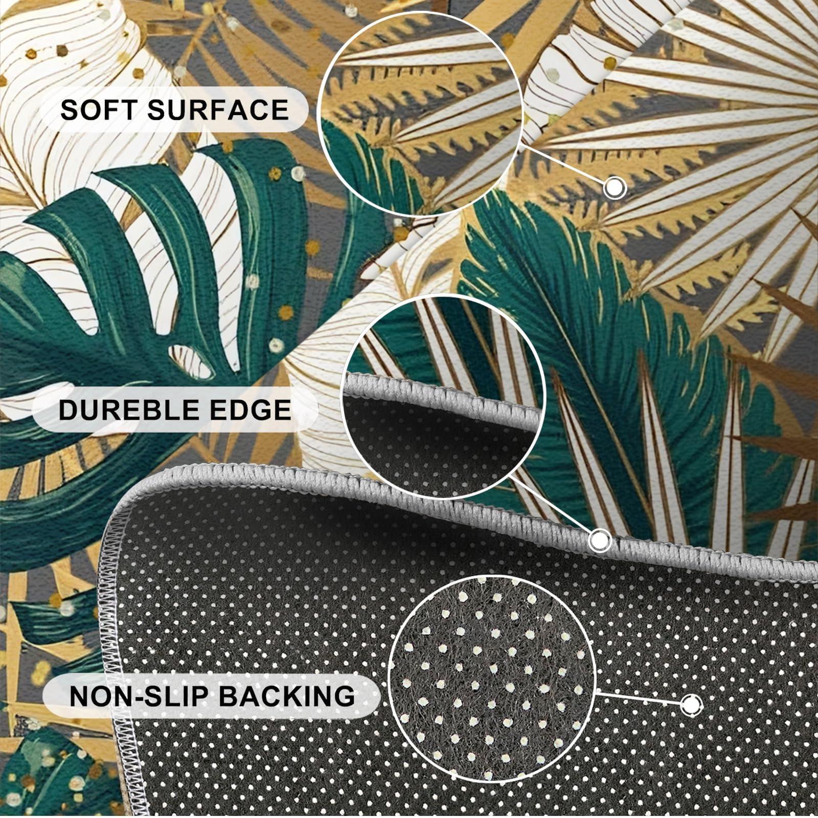 YAFAUJI Tropical Golden Green Palm Leaves Area Rug, Tropical Plant Leaves Home Decor Rug, Easy Clean Carpet with Anti-Slip Backing Durable for Bedroom Living Room Dining Room Office 5x6 ft