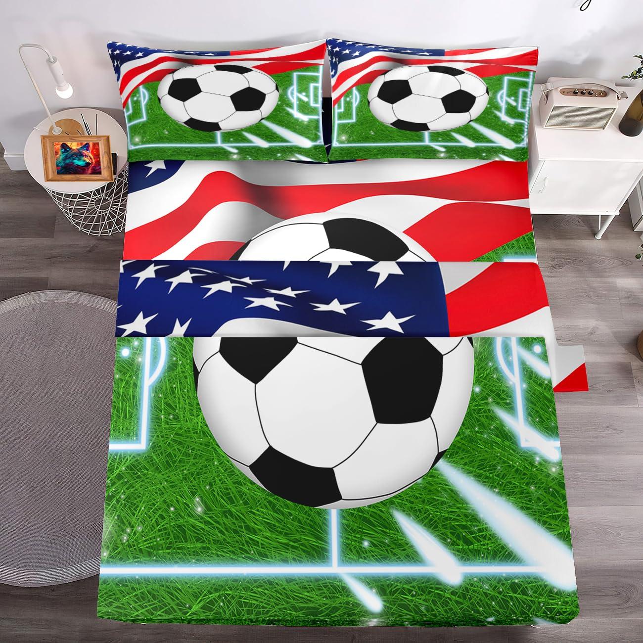 WJLBKGU WJLBKGU Soccer Sheets 4PCS Queen Size Bed Sheets, Sports Bedding Sets for Boys Kids Football Bedding Soccer Sheets, Kids Sheets Queen Bed Sheets Set, 1 Flat Sheet + 1 Fitted Sheet + 1 Pillowcases