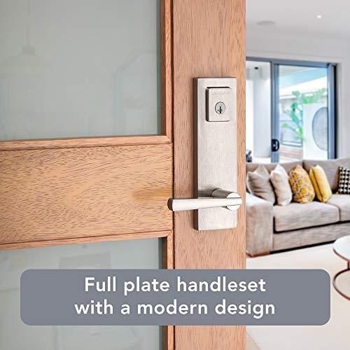 Baldwin Baldwin Spyglass Single Cylinder Front Door Handleset Featuring SmartKey Security in Satin Nickel, Prestige Series with a Modern Contemporary Slim Door Handleset and Square Lever
