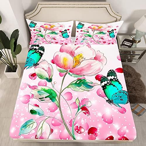 zcsm zcsm Butterfly and Floral Sheets California King Size - Pink Flower Bed Sheets, Soft Microfiber & Deep Pocket & Wrinkle Free Bedding Sheets & Pillowcases, 1 Fitted Sheet, 1 Flat Sheet, 2 Pillow Cases