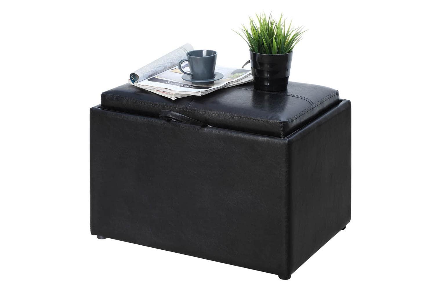 Convenience Concepts Convenience Concepts Designs4Comfort Accent Storage Ottoman 22.75\" - Modern Foot Stool with Decorative Tray for Living Room, Dining Room, Office, Black Faux Leather
