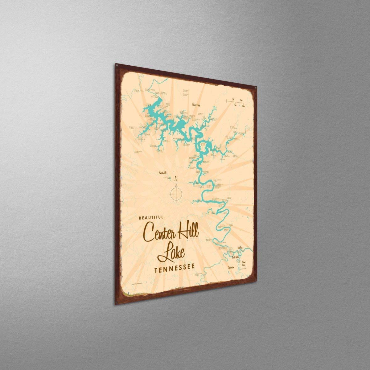 Art of Place Center Hill Lake, Tennessee Map Rustic Metal Art Print from Illustration by Lakebound 17" x 23"