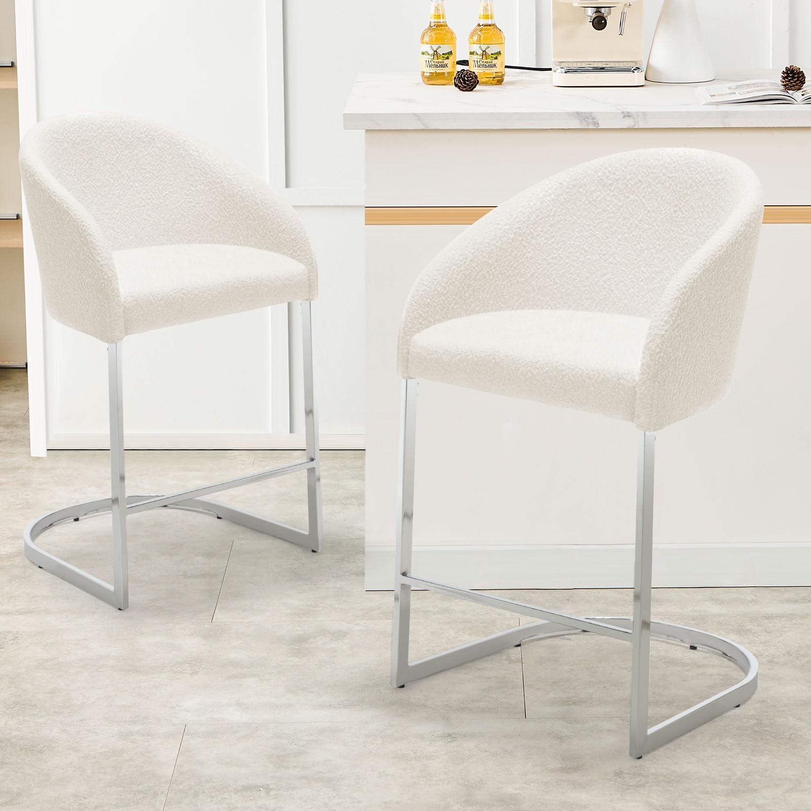 RveLife RveLife Counter Height Bar Stools Set of 2, 26" Seat Height Modern Counter Stools with Barrel Back and Arms, Chrome U-Shaped Base, Boucle Fabric Upholstered Bar Chairs for Kitchen Island, White