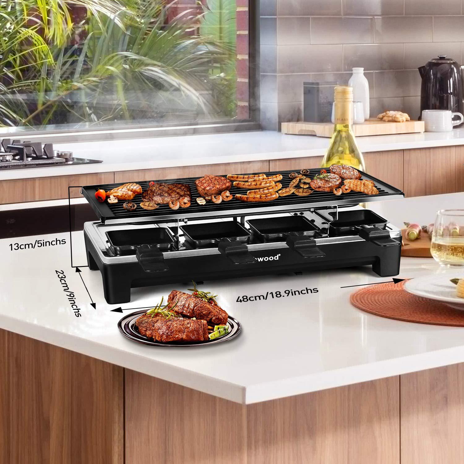 Techwood Raclette Grill, Techwood Electric Table Indoor Grill Korean BBQ Grill, Removable 2-in-1 Non-Stick Grill Plate, 1500W Fast Heating with 8 Cheese Melt Pans, Ideal for Parties and Family Fun