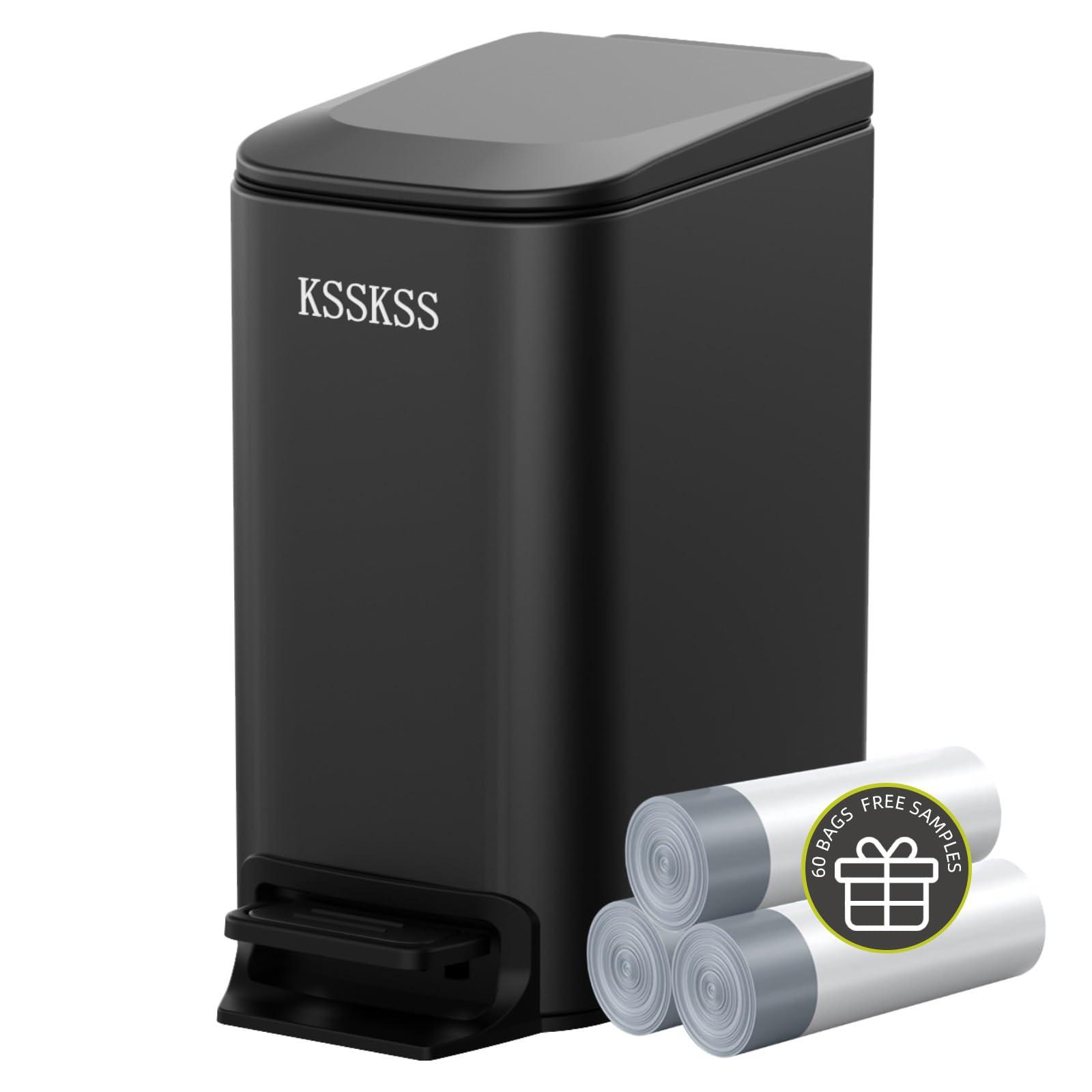 KSSKSS KSSKSS Small Bathroom Trash Can with Soft Close Lid, 6L / 1.6 Gallon Stainless Steel Garbage Can with Removable Inner Bucket, Step Pedal, Slim Wastebasket for Bedroom, Home Office (Matt Black)