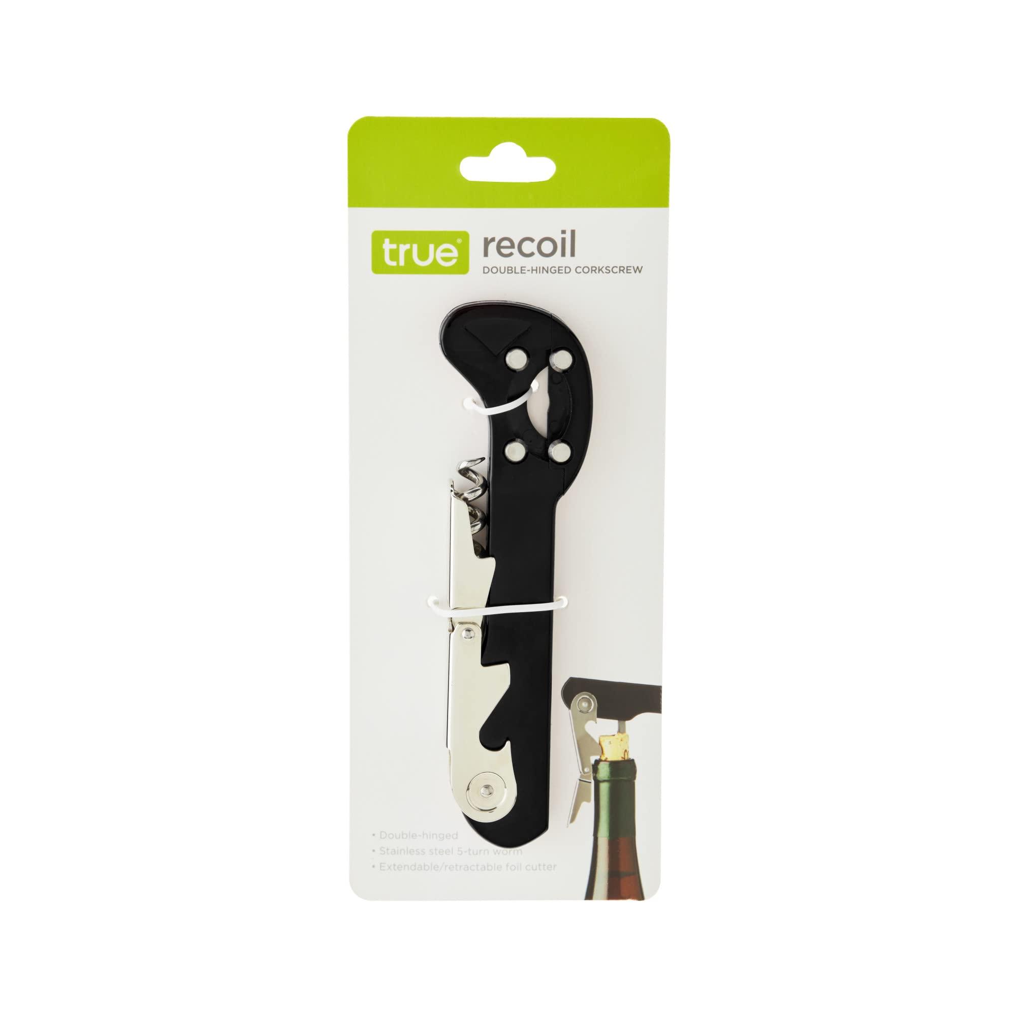TRUE True Recoil Double Hinged Waiters Corkscrew, Durable Stainless Steel Opener with Foil Cutter, Built to Last Wine Key, Cork Openers, Set of 1, Black