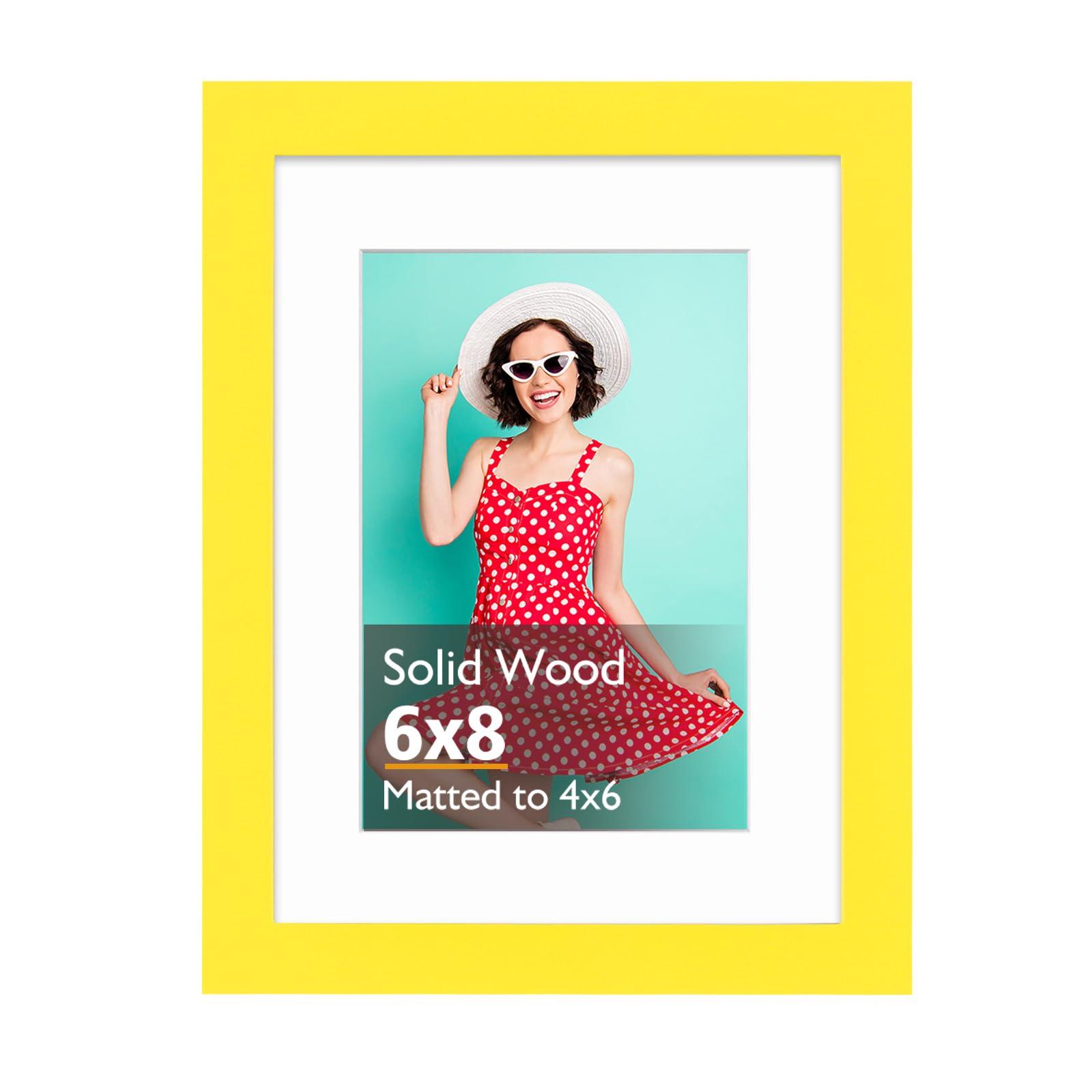 KINLINK KINLINK 6x8 Picture Frame Yellow,Wood Frame with Acrylic Plexiglass for Pictures 4x6 with Mat or 6x8 without Mat, Tabletop and Wall Mounting Display, 1 Pack