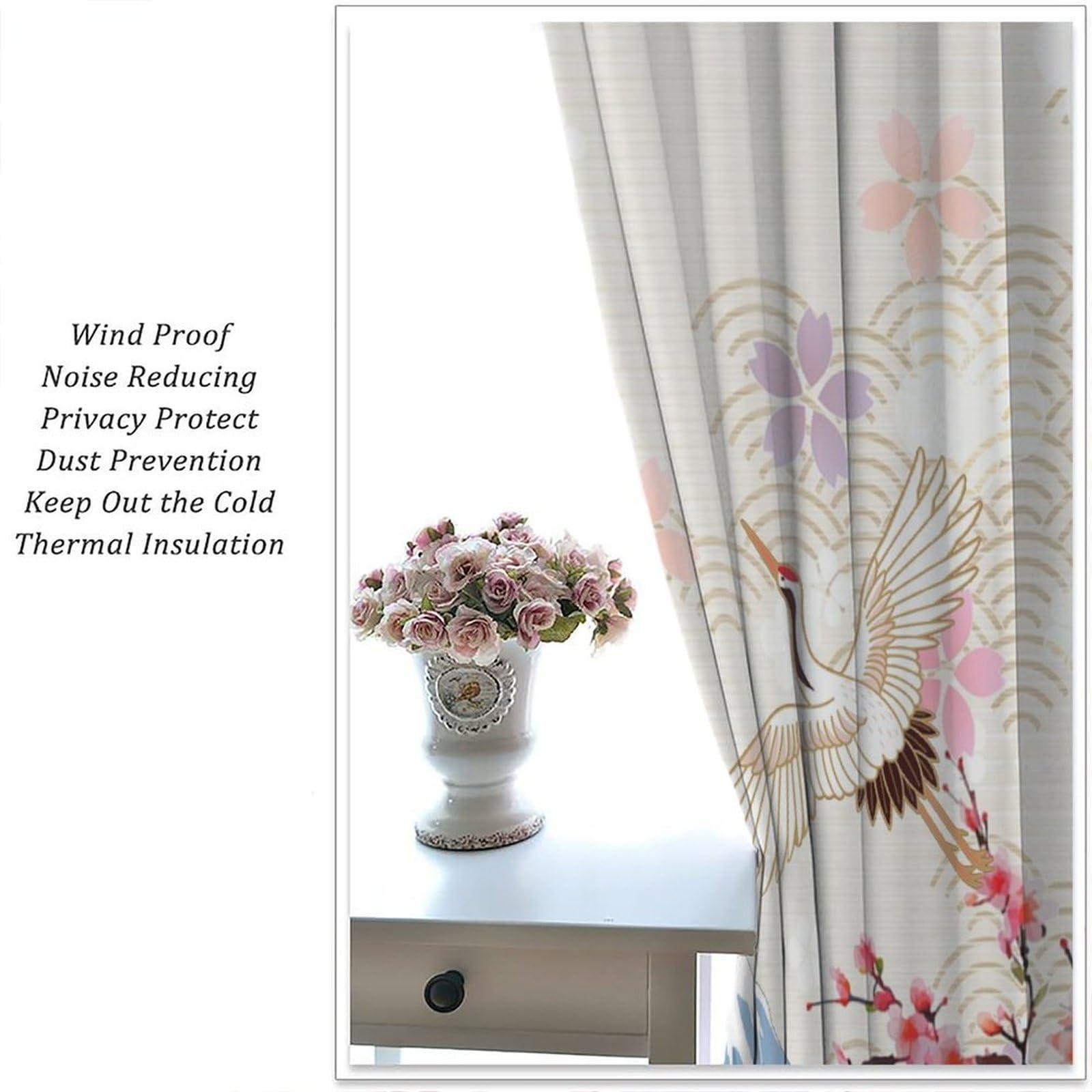 QYUNZS QYUNZS Asian Curtains Japanese Crane Cherry Flowers Art Printed Rod Pocket Blackout Window Drapes for Bedroom Living Room Kitchen Decor Fabric 2 Panel W42xL84in