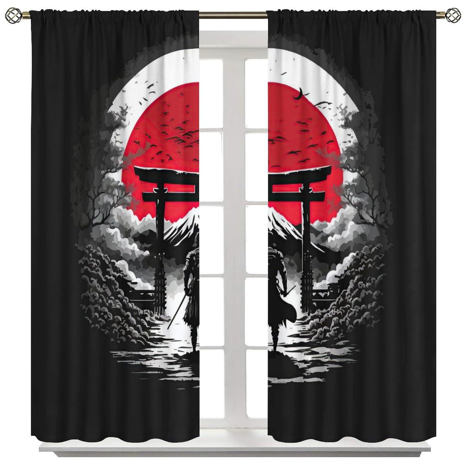 Rtovo Bushido Curtains, Japanese Samurai On Red Sun Lawn Mount Fuji Background, Blackout Curtains for Bedroom Living Room84X84 Inch, Style-5
