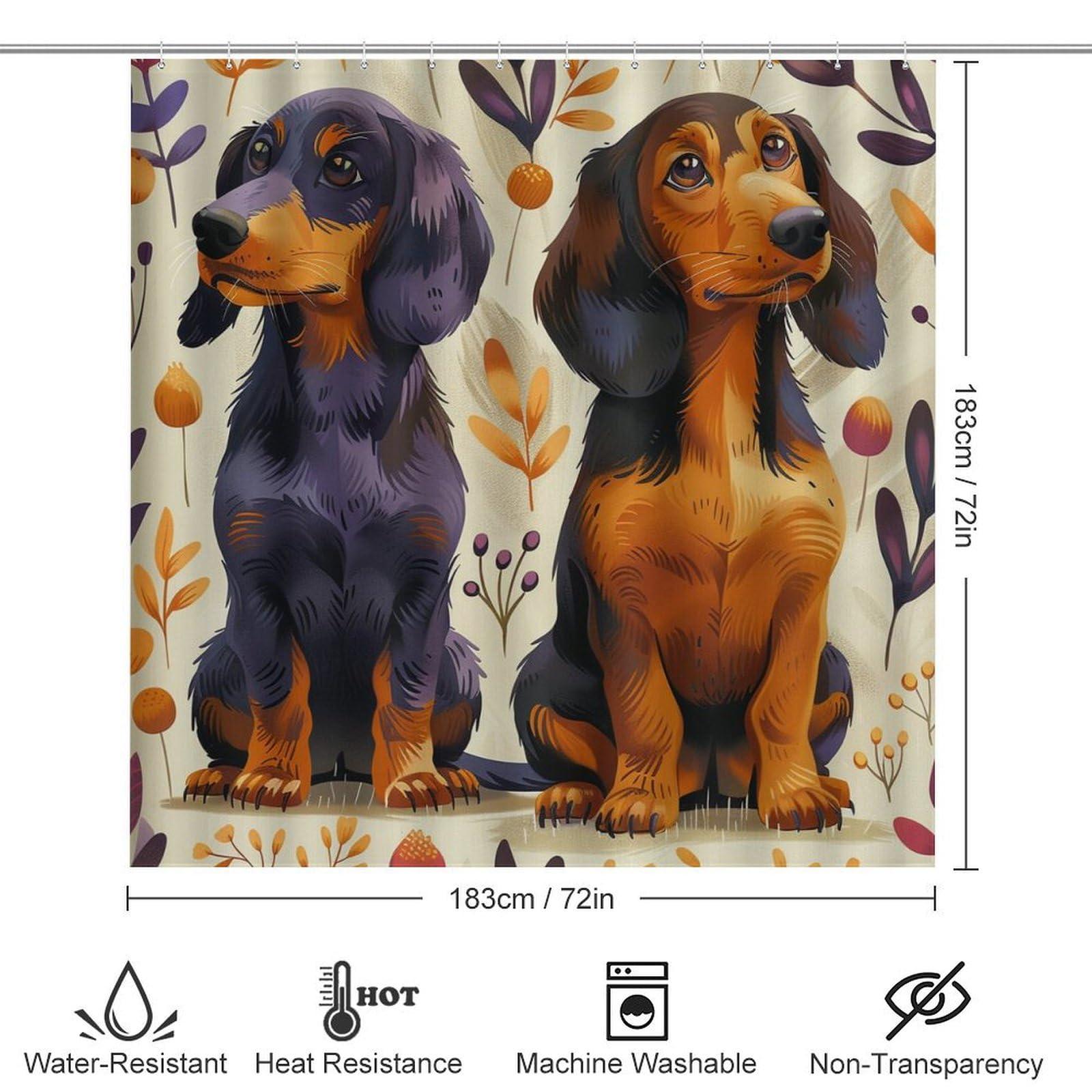HDESDIS HDESDIS 4Pcs Cartoon Dachshund Dog Shower Curtain Sets with Rugs, Toilet Lid Cover and Bath Mat, Vintage Balloon Leaf Bathroom Shower Curtains Set with 12 Hooks