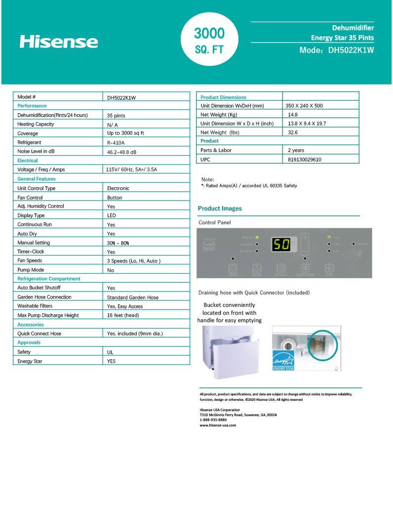 Hisense Hisense 35-Pint Dehumidifier, 3 Speed (Lo,Hi, Auto ), Noise Level 48 dB, Compact size, Auto shut-off, 115v, Up to 3000 sq ft, DH5022K1W - (Renewed)