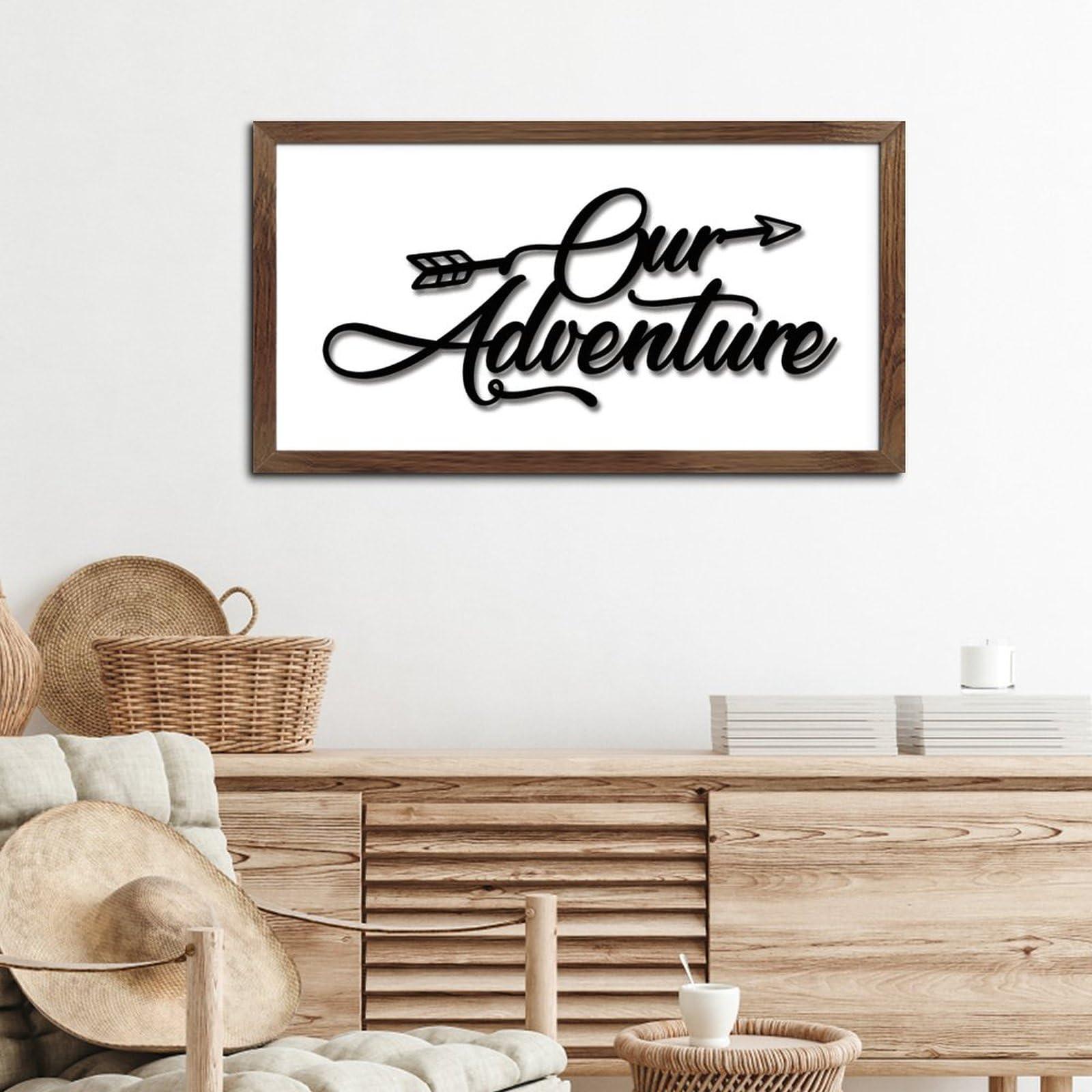 WSDESDEC Our Adventure Wood Framed Printed Sign Family Wall Art Decor Farmhouse Nature Mountain Forest Signs Custom Wood Signs for Dinning Room Nursery Window 12x22in