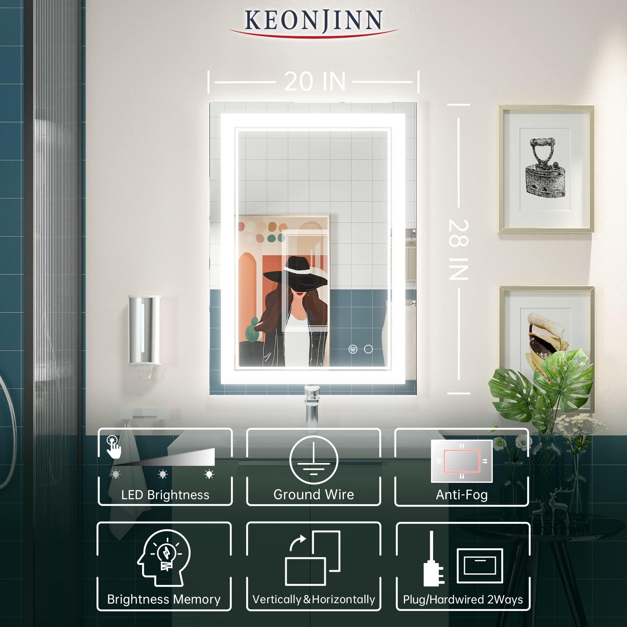 Keonjinn Keonjinn 20 x 28 Inch LED Mirror Bathroom Mirror with Front Lights, UL Listed LED Driver, Wall Mounted Lighted Vanity Mirror, Anti-Fog Dimmable Bathroom LED Mirror, 6000K(Horizontal or Vertical)