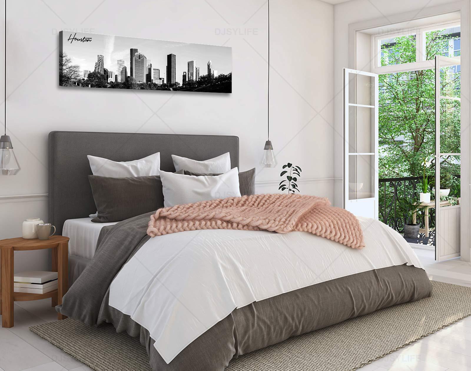 DJSYLIFE Black and White Wall Art Houston Skyline Canvas Print Picture Panoramic Cityscape Poster Decoration for Bedroom Office Home Decor Framed and Ready to Hang, 13.8"x47.3"