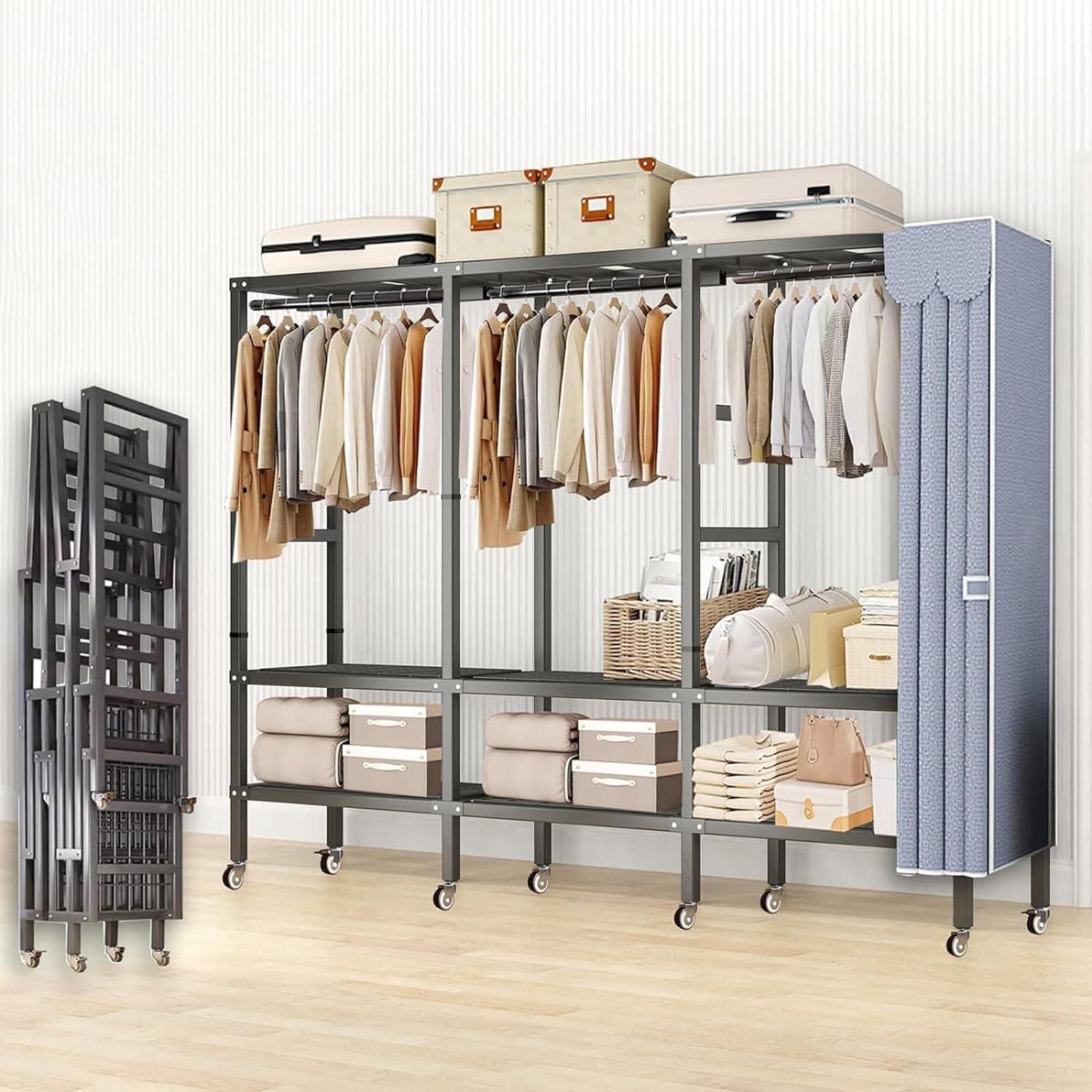 ZAIHW Garment Rack Walk In Closet Organizer Heavy Duty Clothes Rack Closet System with 3 Hanging Rods, 8 Wheels, 1600 LBS Load Capacity for Wardrobe, Freestanding Bedroom Armoire (215cm/84.6in)