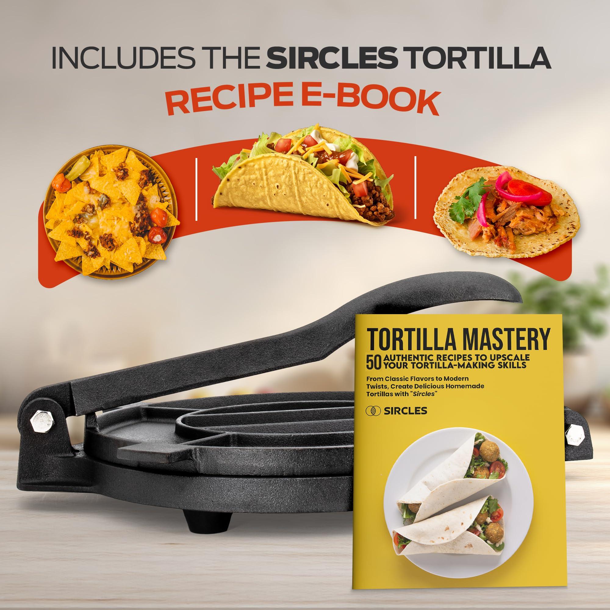 SIRCLES SIRCLES Tortilla Press 12 Inch Cast Iron - Extra Large, Heavy Duty 12 Inch Tortilla Press - Ebook Tortilla recipes - 5 Non-Slip Rubber Feet - Pre-Seasoned - Prensa Para Tortillas De 12 Pulgadas Grande
