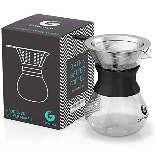Coffee Gator Coffee Gator Pour Over Coffee Maker - 10.5 oz Paperless, Portable, Drip Coffee Brewer Pour Over Set w/Glass Carafe & Stainless-Steel Mesh Filter, 300ml Black