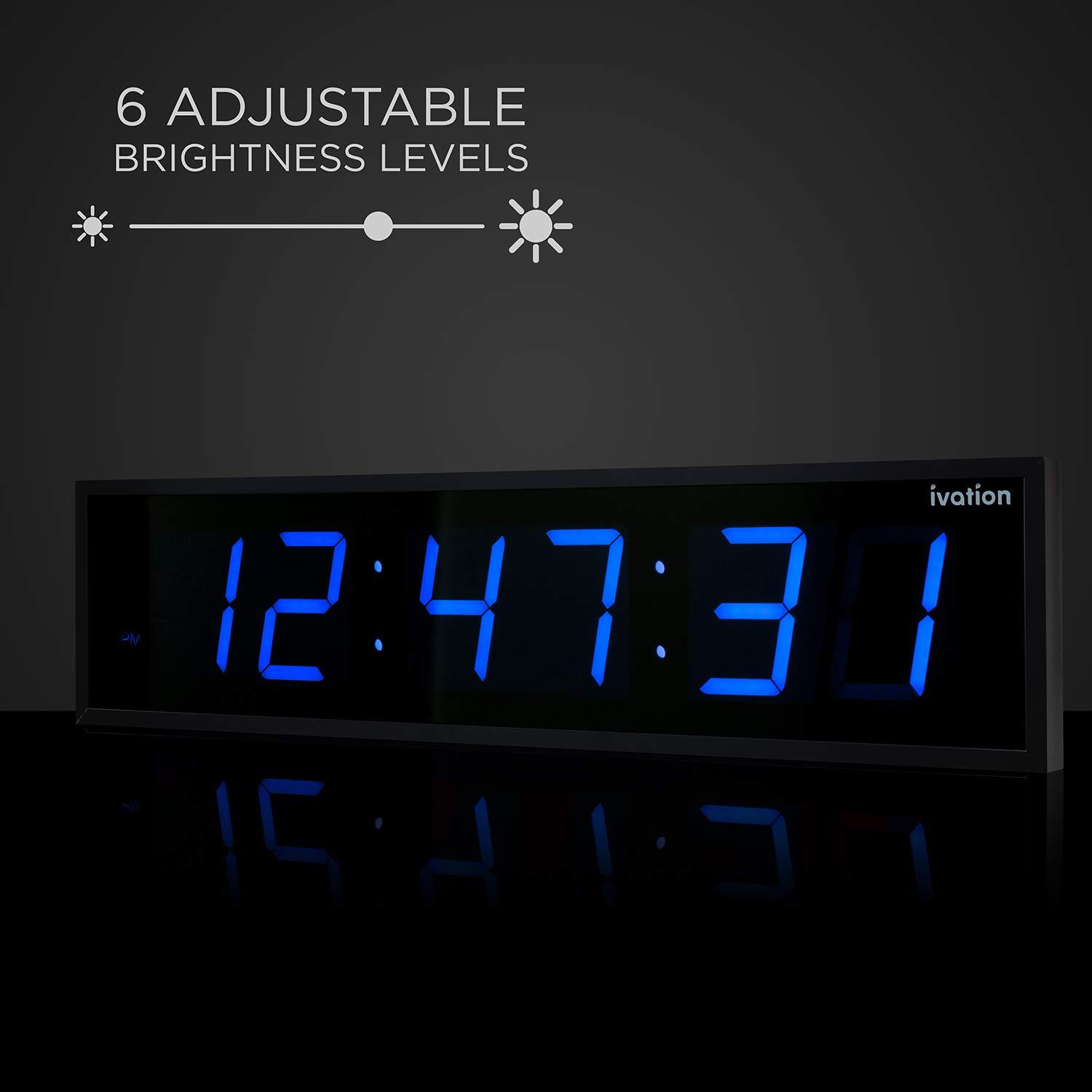 Ivation Ivation Oversized Large Digital Wall Clock - Big LED Digital Clock w/Large Display, Shelf or Wall Mount (24 Inch - Blue) 6 Brightness Levels | Time Memory | Remote, Mounting Holes & Hardware