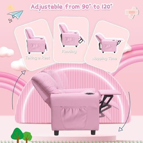 hzlagm hzlagm Kids Recliner Chair with Cup Holder, Toddler Recliners for Kids Age 0-5 with Side Pockets and Non-Slip Footstool, Child Recliners for Girls Boys Kids Room, Children\'s Rooms, Pink