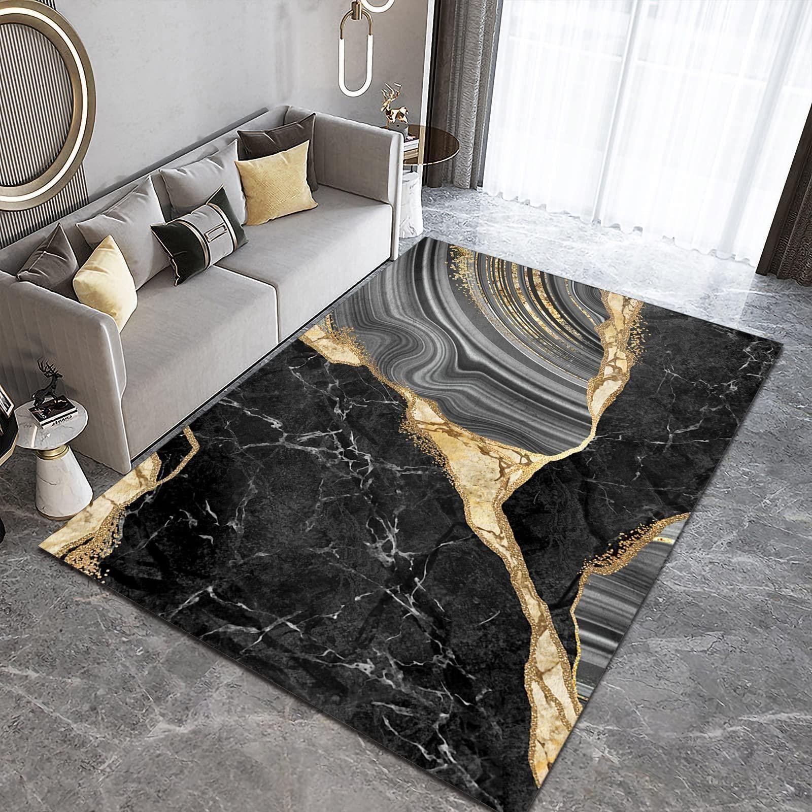 SIECHI Luxury Black Gold Marble Area Rug, Gray Gold Line Art Black and White Texture Living Room Decor Rugs, Anti-Slip Backing Washable Indoor Carpet for Living Room Bedroom Study Dining Room,3' x 4'