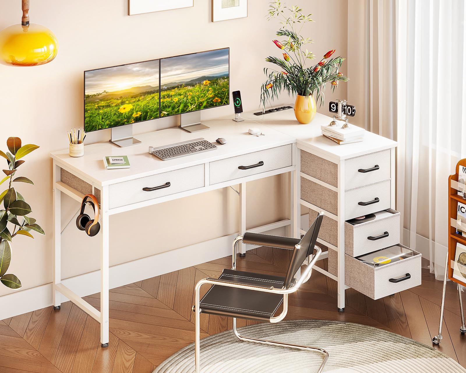 Coleshome Coleshome 50 Inch L Shaped Desk with Drawers, Computer Desk with Power Outlets, Home Office Desk with 6 Drawers, Reversible Corner Desk for Small Space, Study Work Table with Hook, White