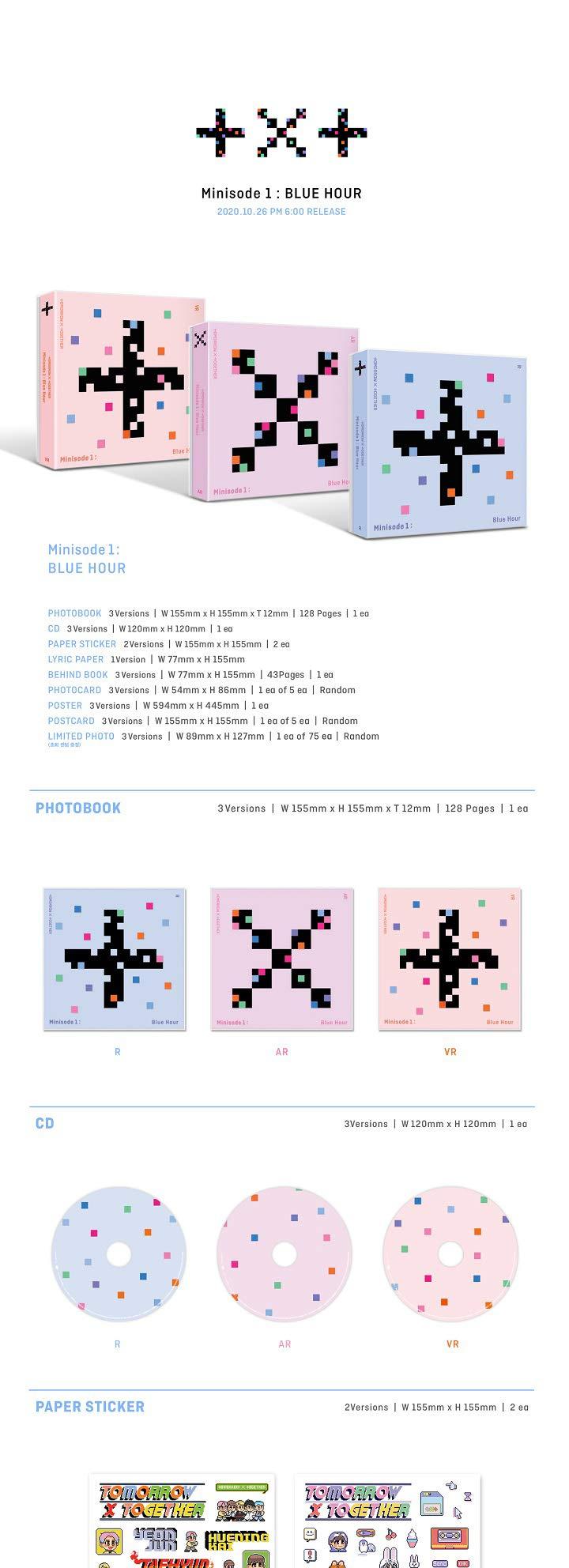 TXT TXT Minisode 1 : Blue Hour 3rd Mini Album 3 Version SET CD+128p PhotoBook+2p Sticker+Lyric Paper+43p Behind Book+1p PhotoCard+1p PostCard+Tracking Sealed