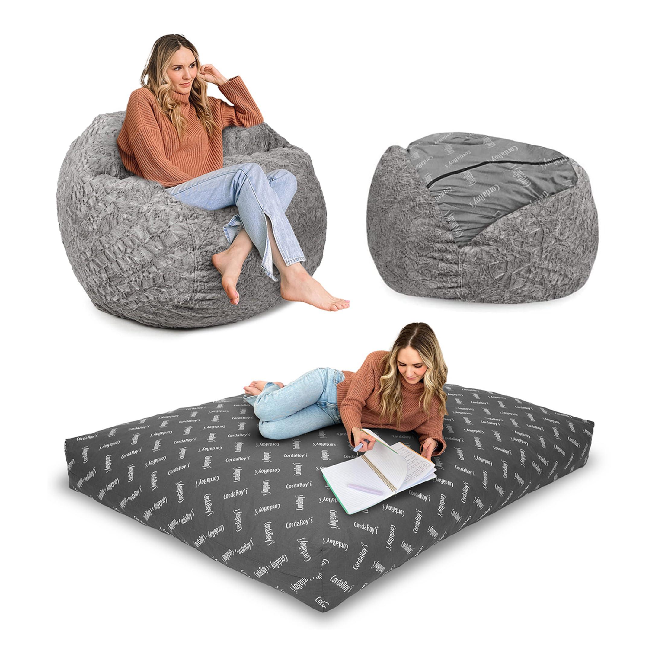 CordaRoy\'s CordaRoy\'s Faux Fur Bean Bag Chair, Convertible Chair Folds from Bean Bag to Lounger, As Seen on Shark Tank, Grey - Queen Size