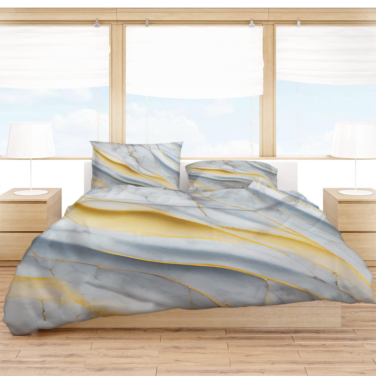 Debedcor Cal. King Comforter Covers Sets Grey Yellow Marble 4 Piece Duvet Cover Set Lightweight Microfiber Soft Bedding Set for Adult Teen, Modern Luxury Ink Texture Abstract Art