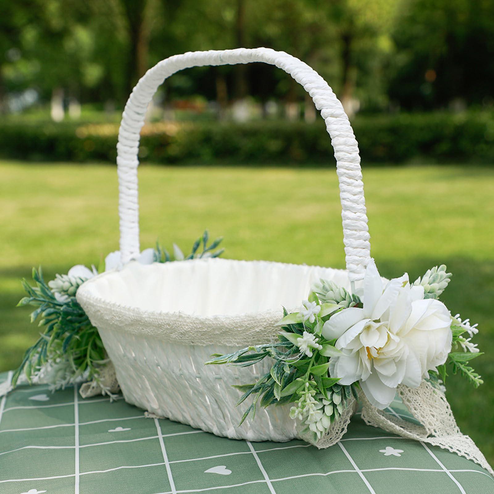 MEUMITY MEUMITY 2Pcs Flower Girl Basket Handmade Rattan Basket with Handle Flower Girl Baskets for Weddings Foldable Handle and Artificial Stain Flower Basket for Wedding Ceremony Party Decoration