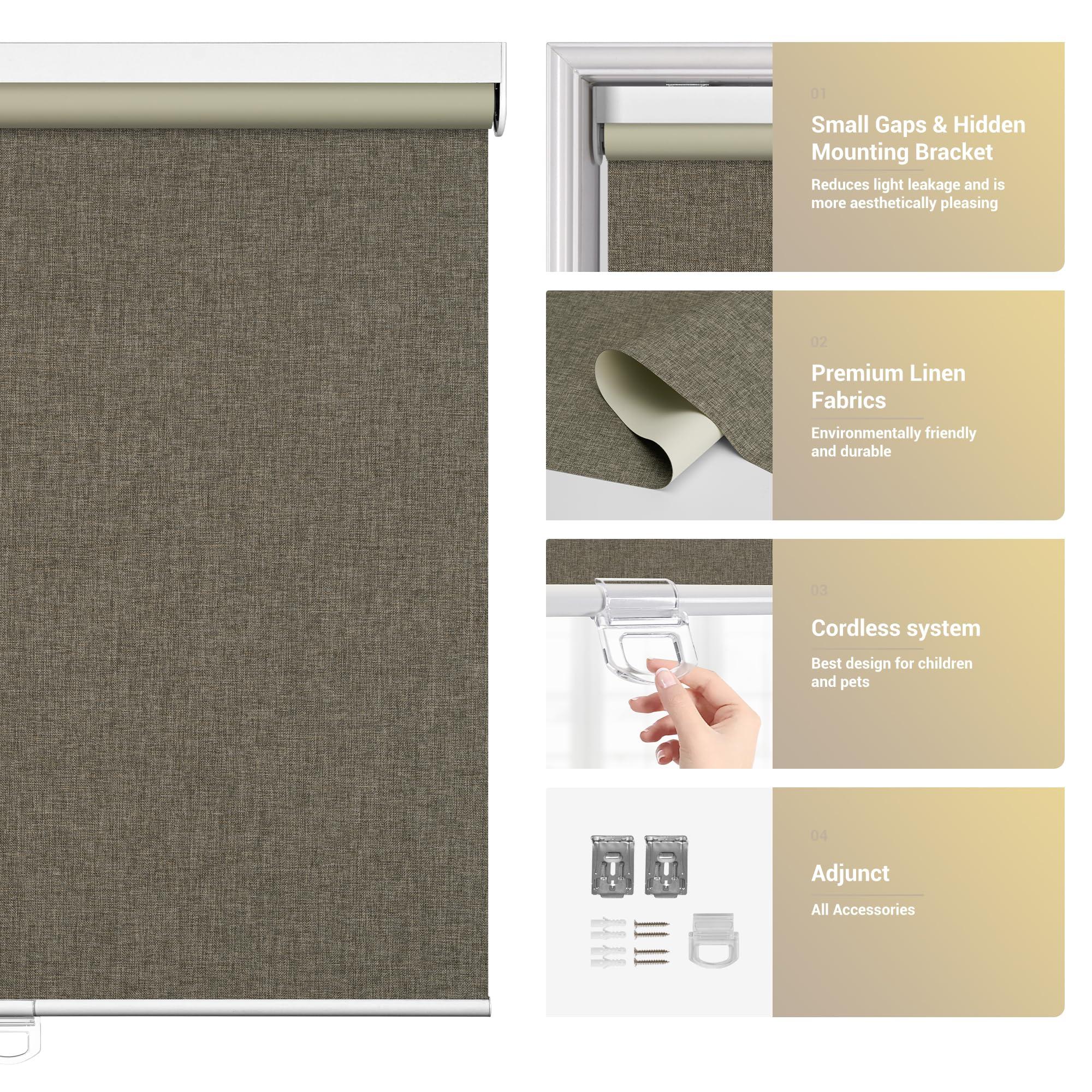 HOTSOON HOTSOON Blackout Cordless Roller Blinds for Indoor Windows, Natural Linen Fabric Roller Shades Thermal Insulated roll up shades UV Protection Privacy Blinds, Brown, 55" W x 72" H