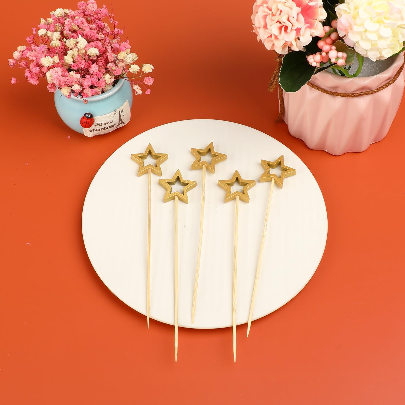 Aiyorse 100PCS Gold Star Bamboo Cocktail Picks, 5.5 Inch Christmas Fancy Toothpicks for Appetizers, Decorative Cocktail Picks for Party Decoration, Appetizer Skewers for Charcuterie Drinks Desserts Fruit