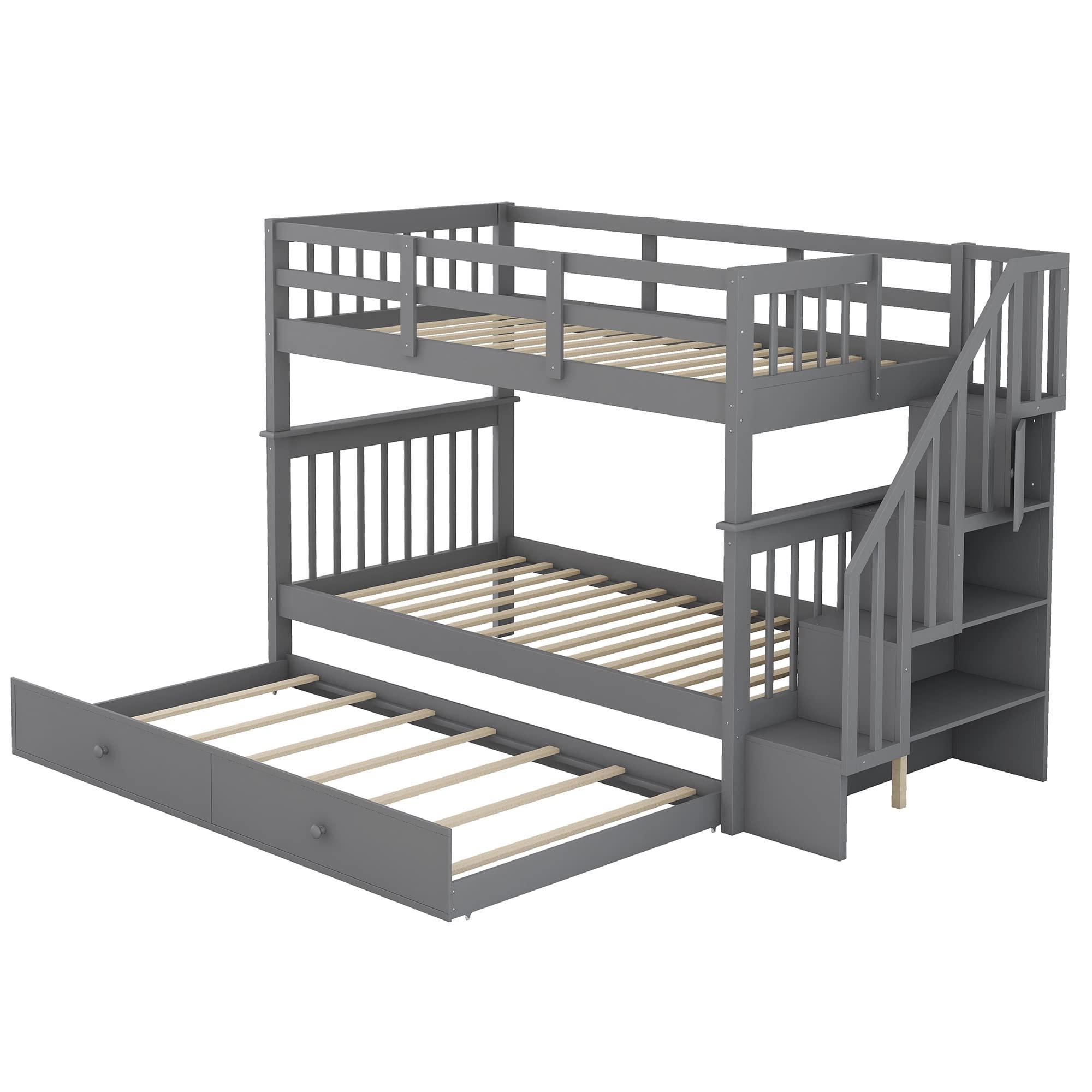 WEALTHKING WEALTHKING Stairway Bunk Bed with Trundle, Convertible Detachable Beds, Pine Wood Frame with Four-Step Staircase, Storage Shelves, Guardrails, No Box Spring Required (Grey,Twin over Twin)