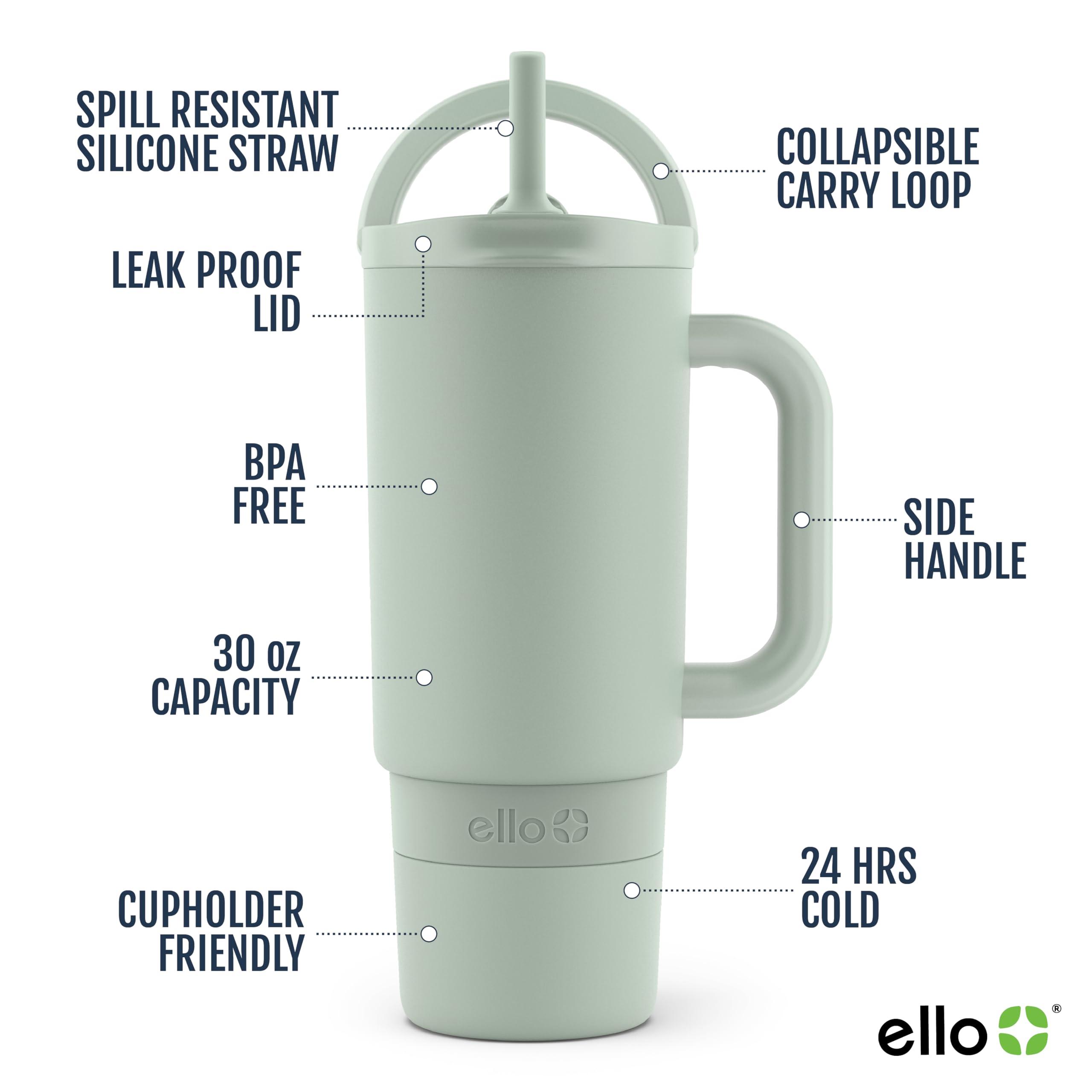 Ello Ello Port 30oz Tumbler with Carry Loop & Integrated Handle | Vacuum Insulated Stainless Steel Reusable Water Bottle Travel Mug | Leak Proof Lid | Flexible Straw | BPA-Free | Dishwasher Safe | Sage