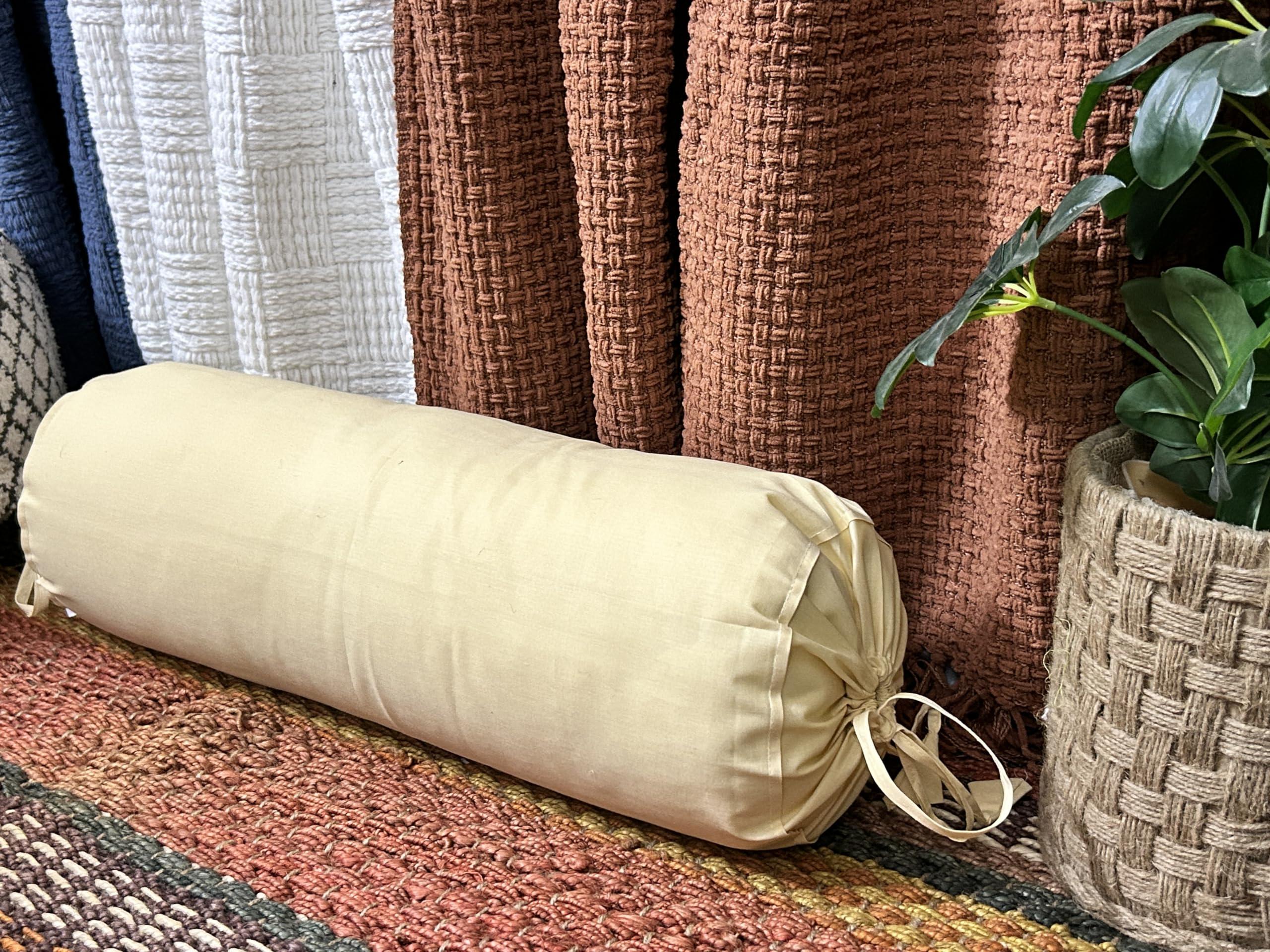 SAFFRON HANDICRAFTS SAFFRON HANDICRAFTS 2 Pcs Cervical Neck Roll Pillow Cover with Drawstring closures Round Neck Roll Pillow Case cotton Bolster Pillowcases for Cylindrical Cushion (Beige, 6 x13 inch (15x33 cm))