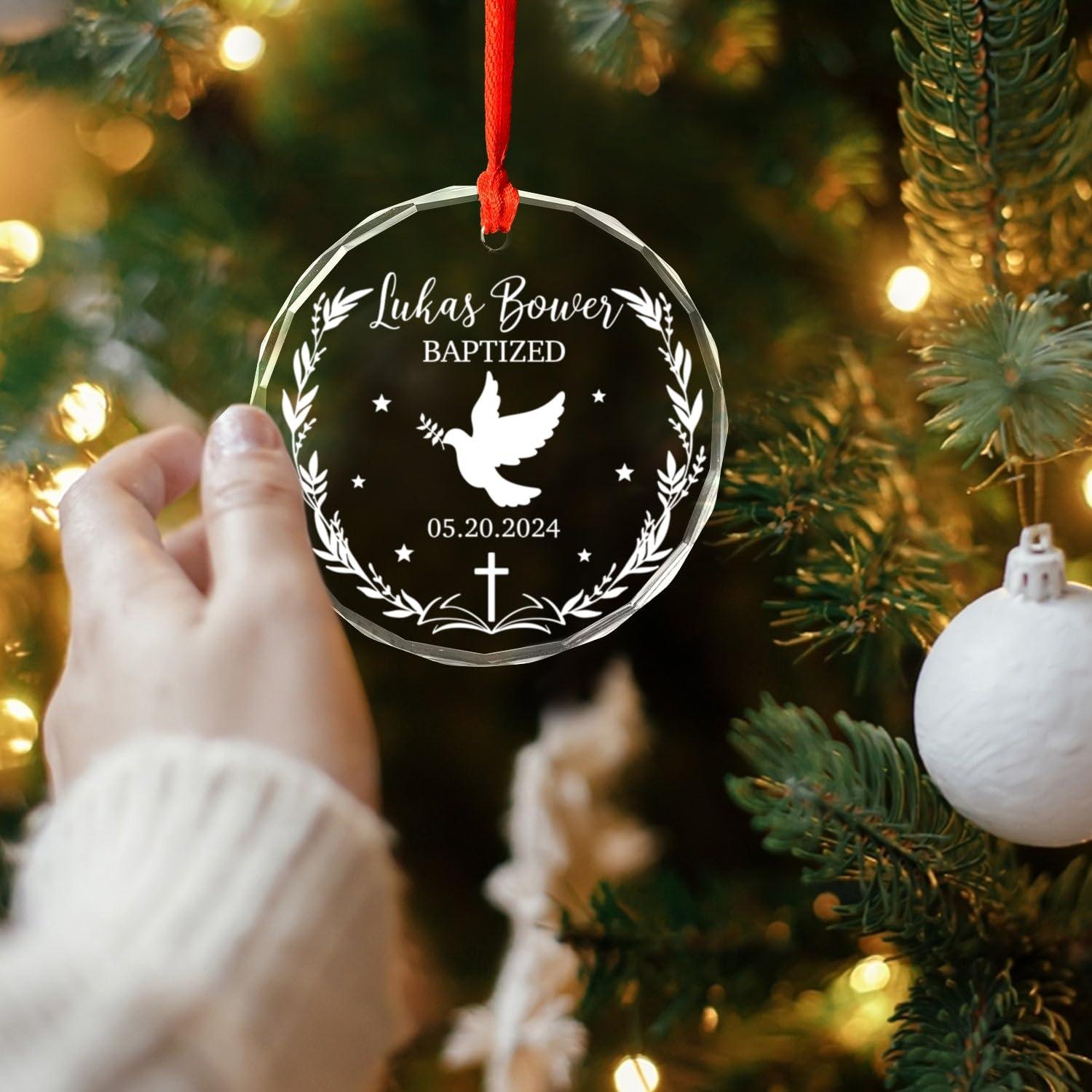 Cenluxy Baptized Glass Ornament Christmas, Personalized Baptism Ornament, Christening Xmas Ornament Gift for Godson Goddaughter from Godparents, Custom Name & Date Christening Ornament, Baby Baptism Ornament