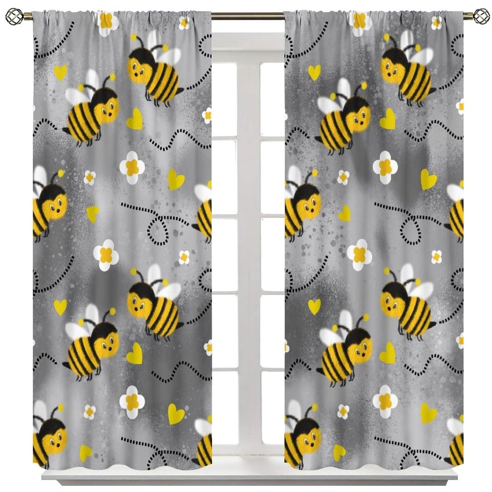 HZOHNAGO HZOHNAGO Bee Curtains Cute Bees White Flowers Grey Blackground Blackout Print Rod Pocket Window Drapes for Bedroom Living Room 84x84in
