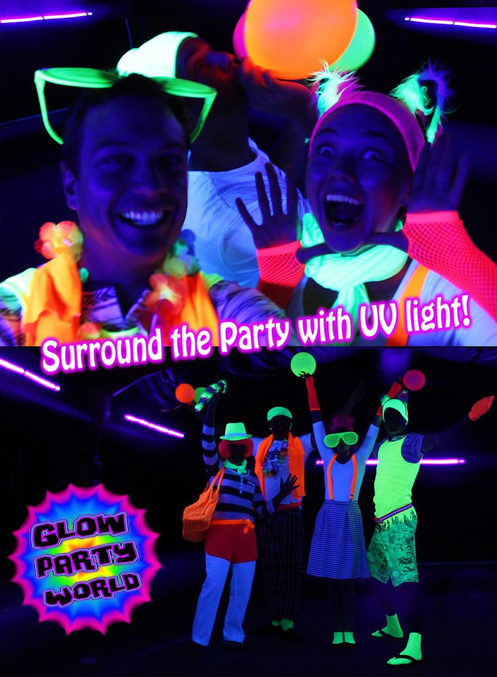 Glow Party World Black Lights for Glow Party! 115W Blacklight LED Strip kit. 4 UV Lights to Surround Your neon Party. Ultraviolet Lighting for Big Rooms. Easy Set up! Glow in The Dark Party Supplies. Fiesta Luz Negra