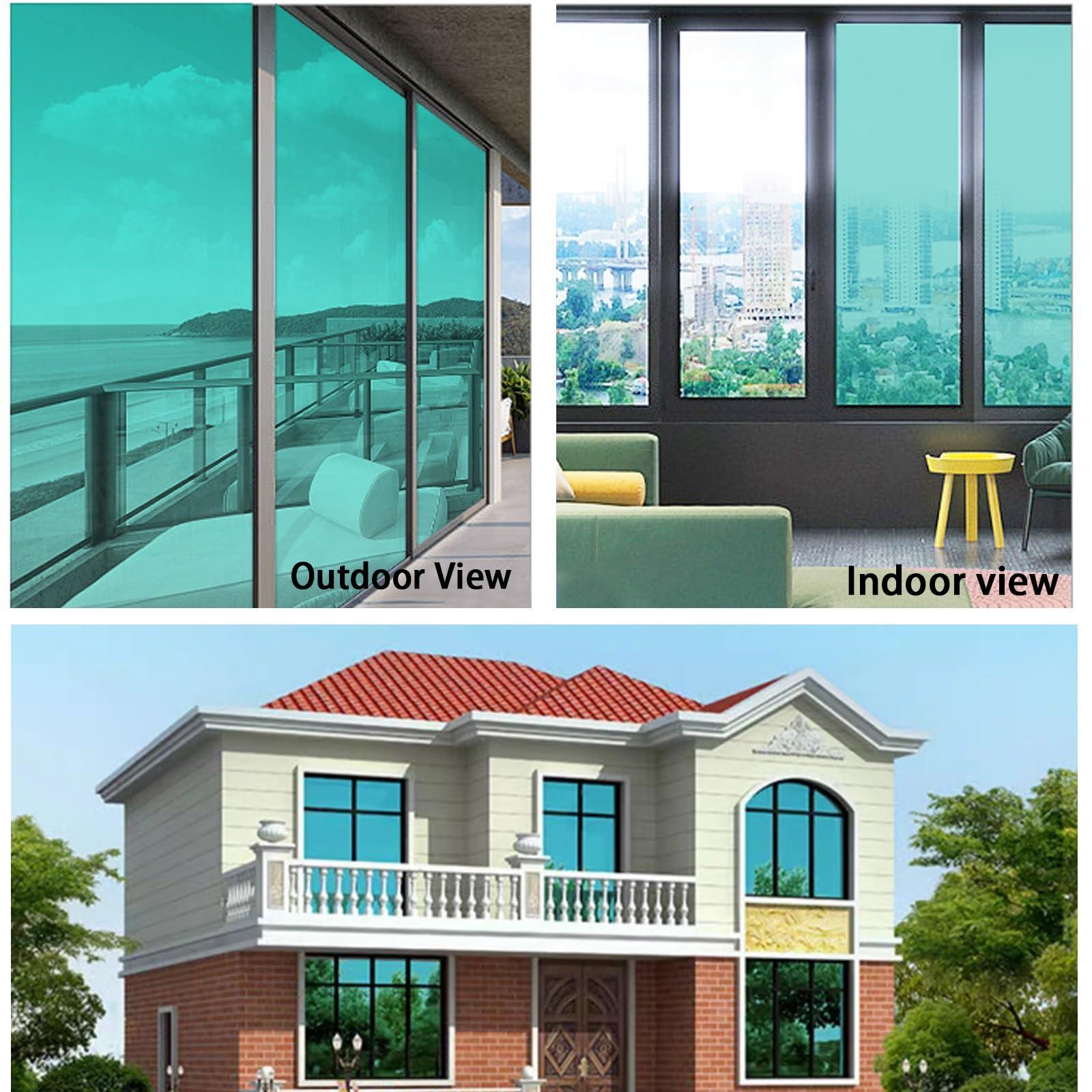HJXGQJM One Way Window Film Privacy, Reflective Window Film Anti Glare, Mirror Window Film Heat Reduce, Window Tint Film UV Blocking, Window Sticker Adhesive for Home, Office, Green (Color : Green, Size : 3