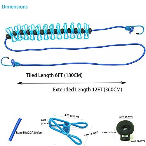Starly Life Adjustable Elastic Clothesline with Clips and Positioning Balls Portable Retractable Windproof Laundry Hanging Rope Anti-Skid Washing Line with Drawstring Bag (Light Blue)