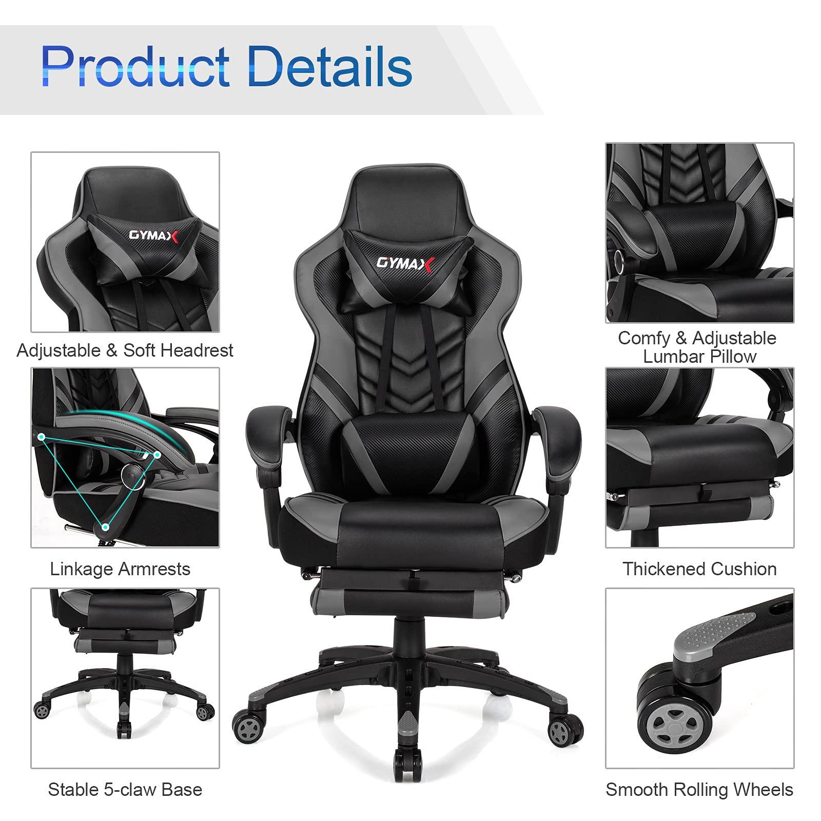 GYMAX GYMAX Gaming Chair, Ergonomic Computer Chair with Footrest, Linkage Armrests & Lumbar Cushion, Big Wide High Back Video Gaming Chair, Reclining Office Rolling Chair for Adult/Teens (Gray)
