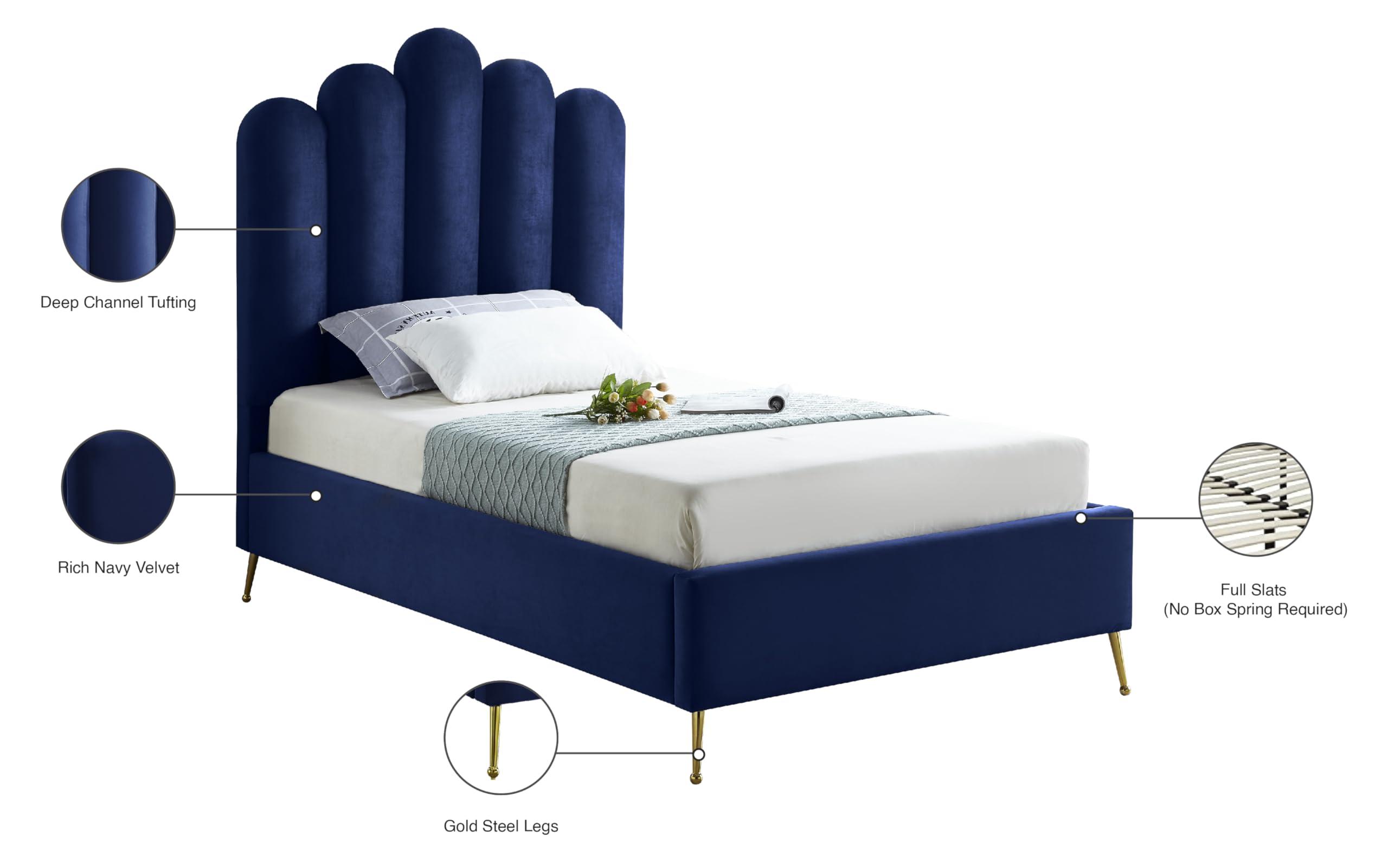 Meridian Furniture Meridian Furniture Lily Collection Modern | Contemporary Velvet Upholstered Bed with Deep Channel Tufting and Custom Gold Steel Legs, Twin, Navy