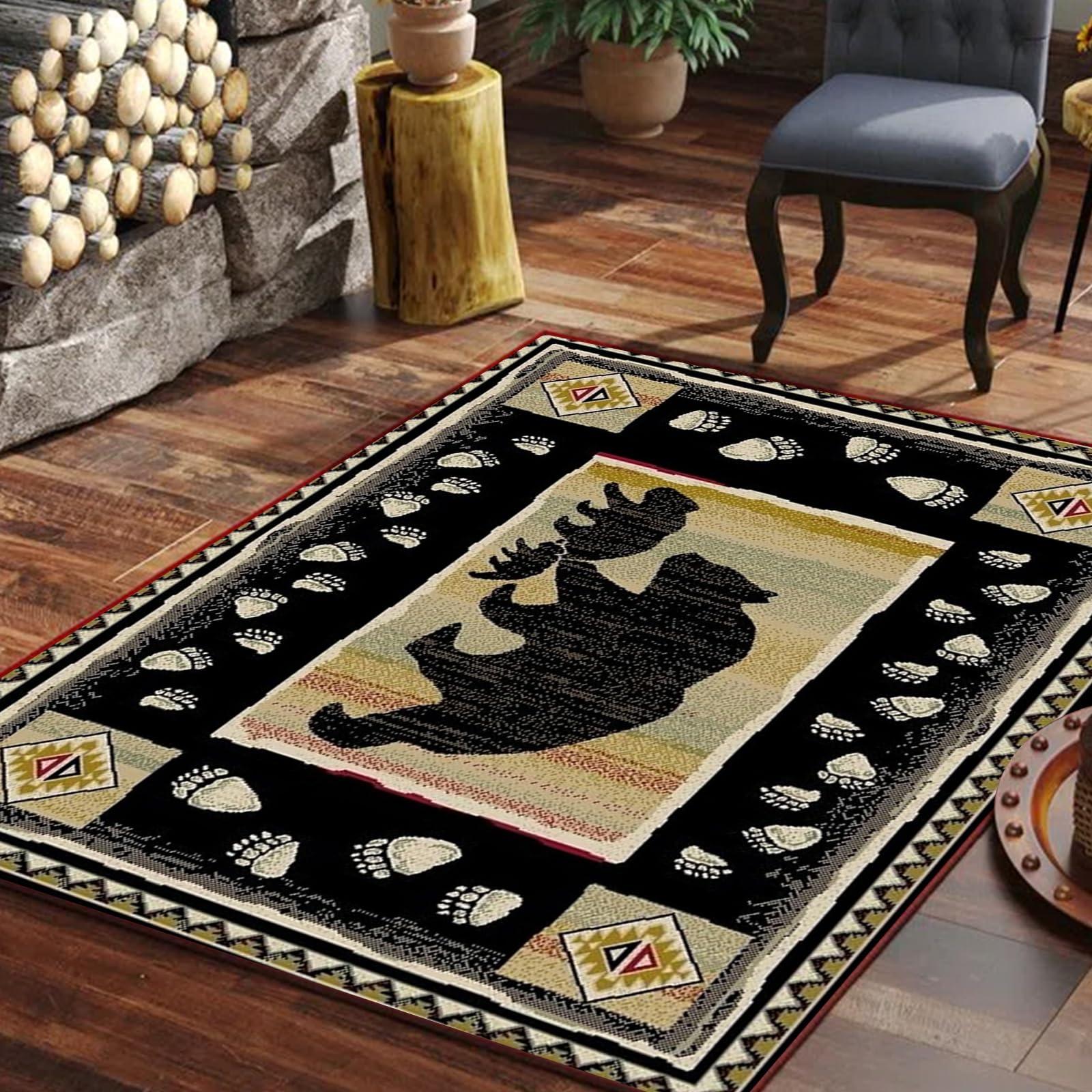 TuLdys TuLdys Rustic Cabin or Lodge Theme Rug, 3x5ft/36x60in, Bear and Cub Design with Trees in Background and Bear Track Patterned Edges Imitation Cashmere Area Rugs with 4 Pcs Carpet Gripper