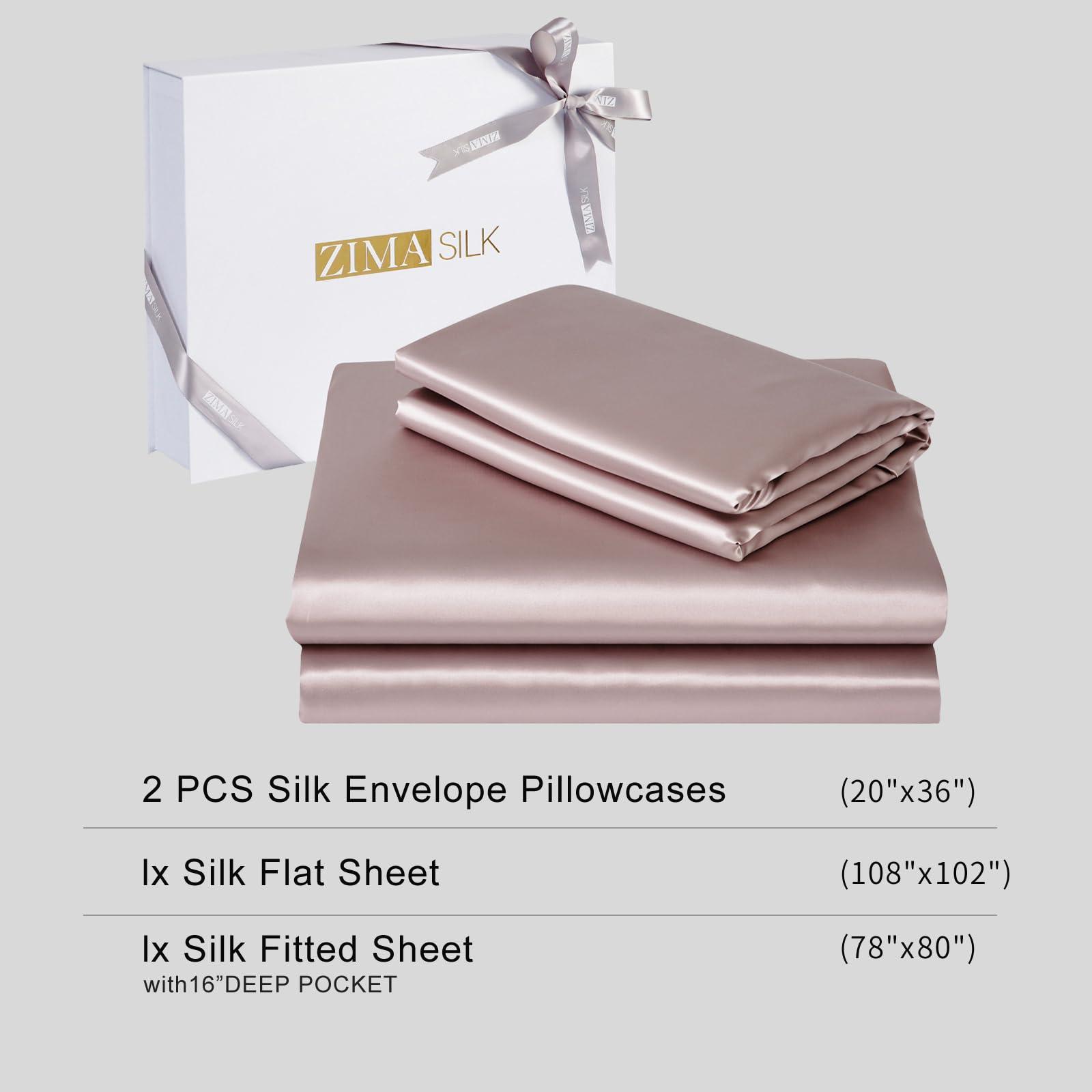 ZIMASILK ZIMASILK 4 Pcs 100% Mulberry Silk Bed Sheet Set,All Side 19 Momme Silk (King, Pink)