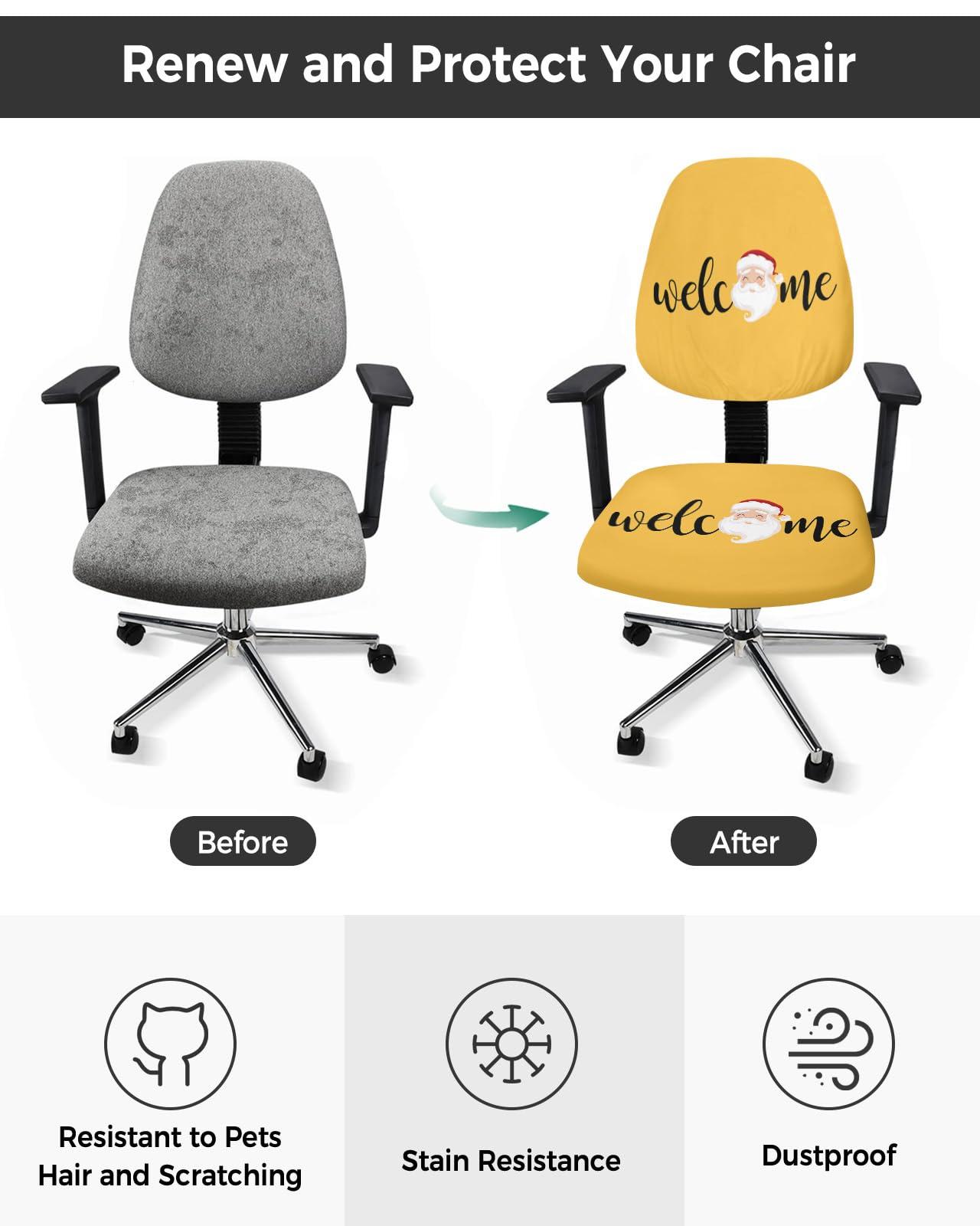 AMZRicher AMZRicher Christmas Santa Office Chair Cover Stretchable Computer Chair Seat Cover Backrest Slipcovers, Welcome Merry Christmas Yellow Stretchable Rotating Desk Chair Seat Cushion Split Protectors