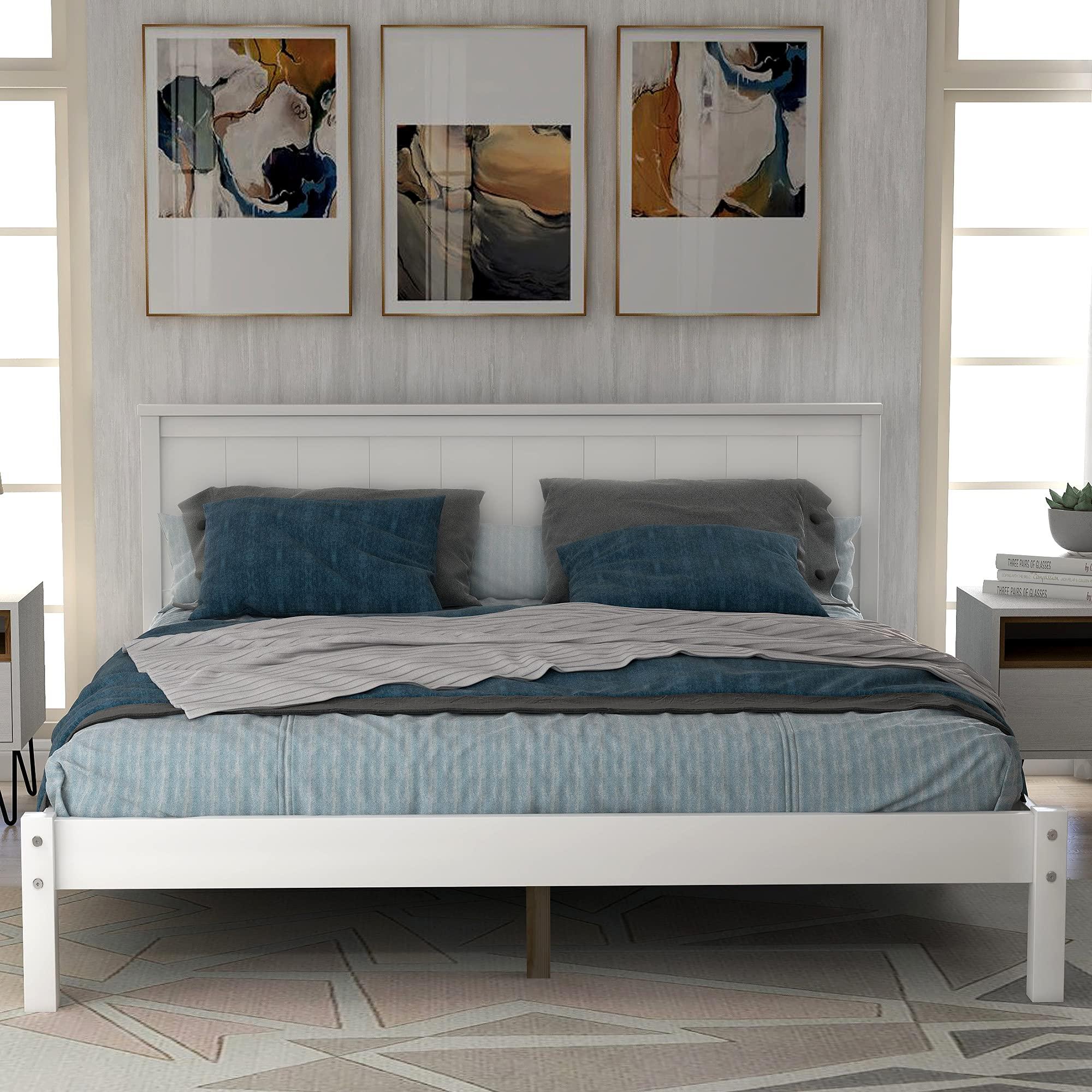 Bellemave Full Platform Bed with Headboard, Solid Wood Bed Frame with Center Support Feet, No Box Spring Needed, White
