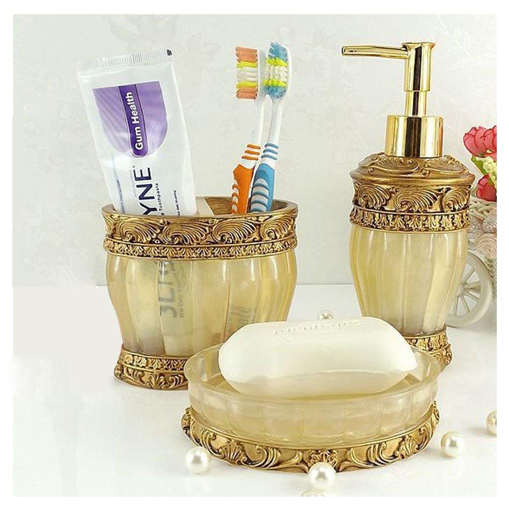 LUANT LUANT Vintage Golden Bathroom Accessories, 5Piece Bathroom Accessories Set, Bathroom Set Features, Soap Dispenser, Toothbrush Holder, Tumbler & Soap Dish - Golden Glossy - Bath Gift Set