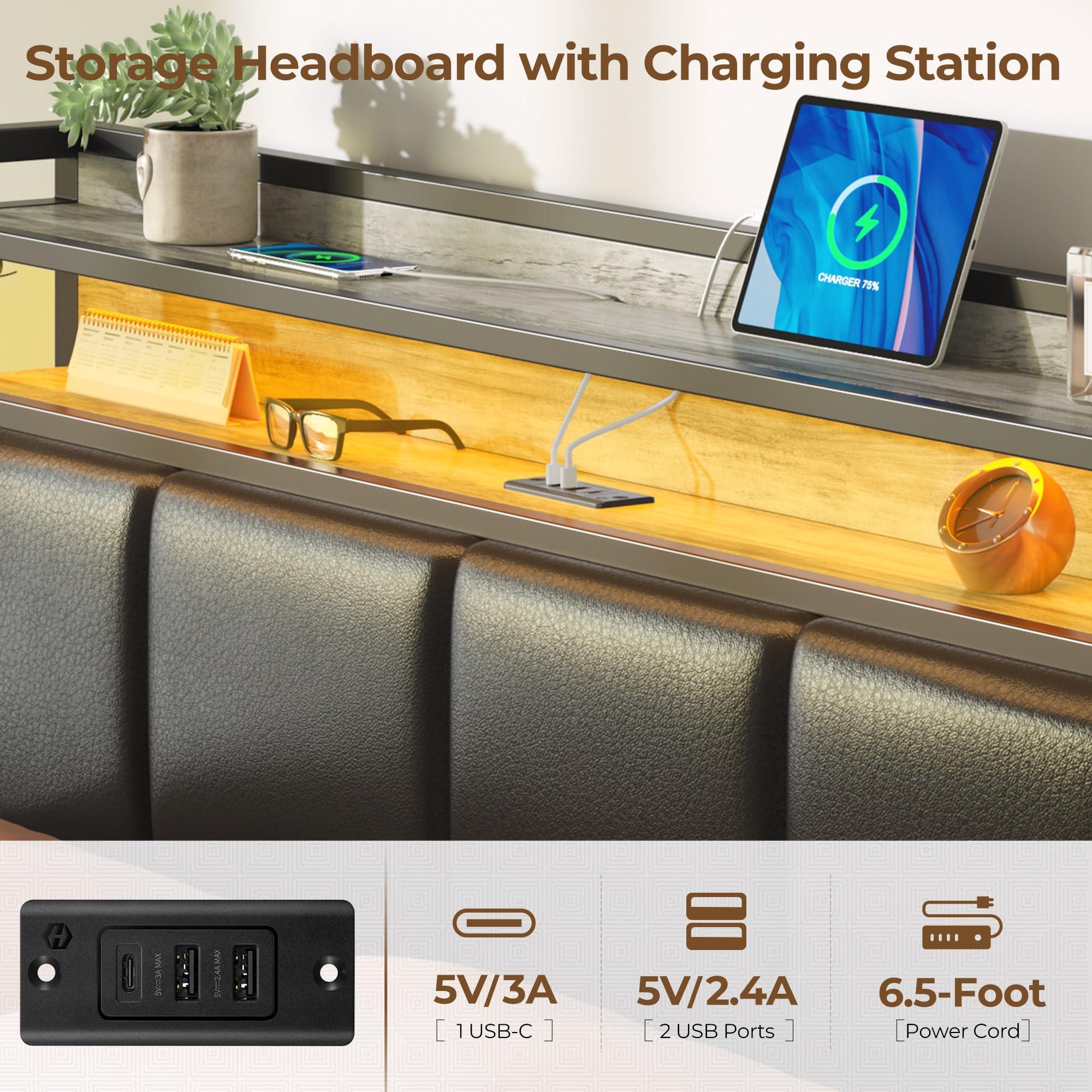 Rolanstar Rolanstar Bed Frame Full Size with Charging Station and LED Lights, Upholstered Storage Headboard with Drawers, Heavy Duty Metal Slats, No Box Spring Needed, Easy Assembly, Vintage Grey and Black