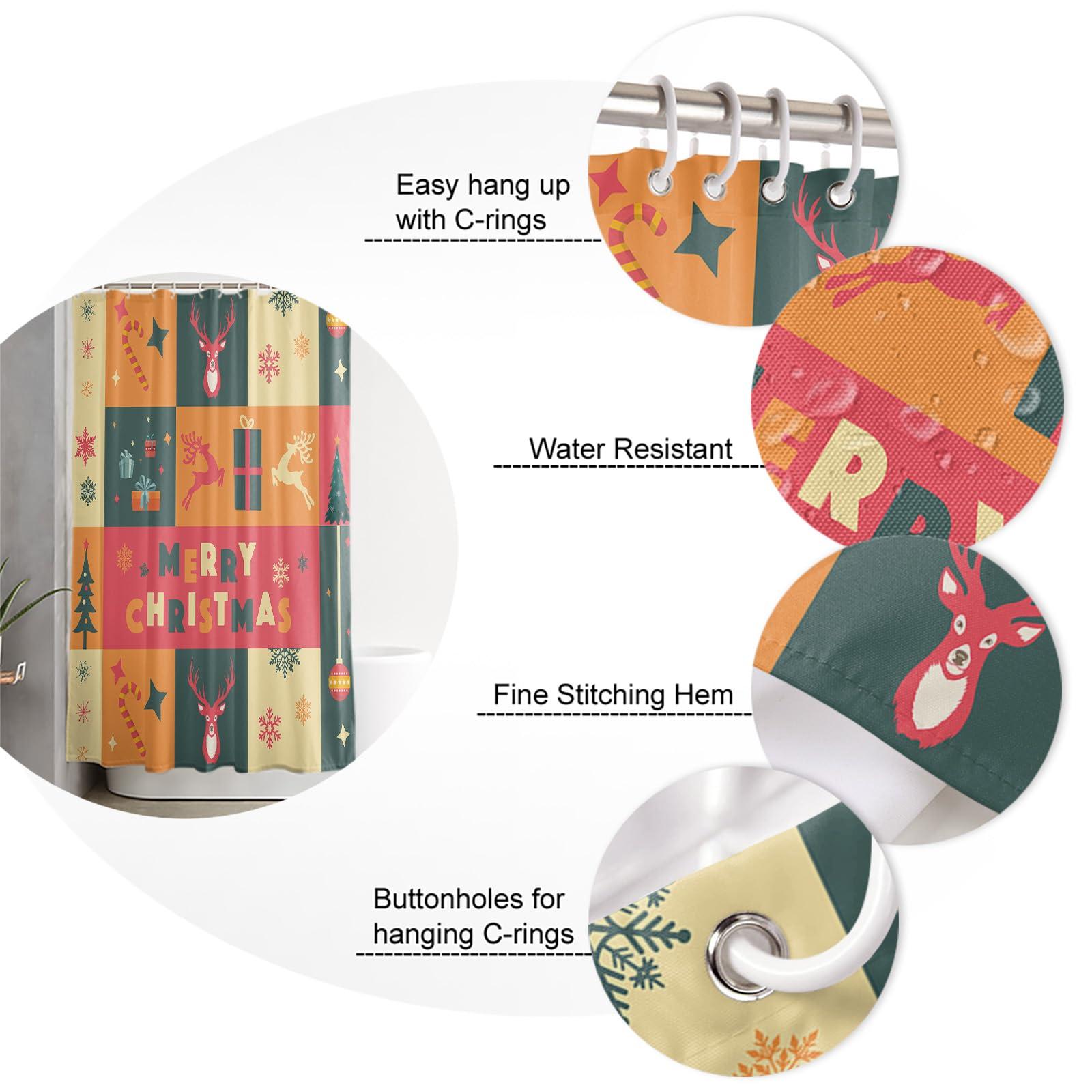 Wotrend Merry Christmas Shower Curtain for Bathroom 72\" x 78\", Xmas Tree Ball Elk Snowflake Gifts Shower Curtain with Hooks Polyester Waterproof Home Bathtub Decor